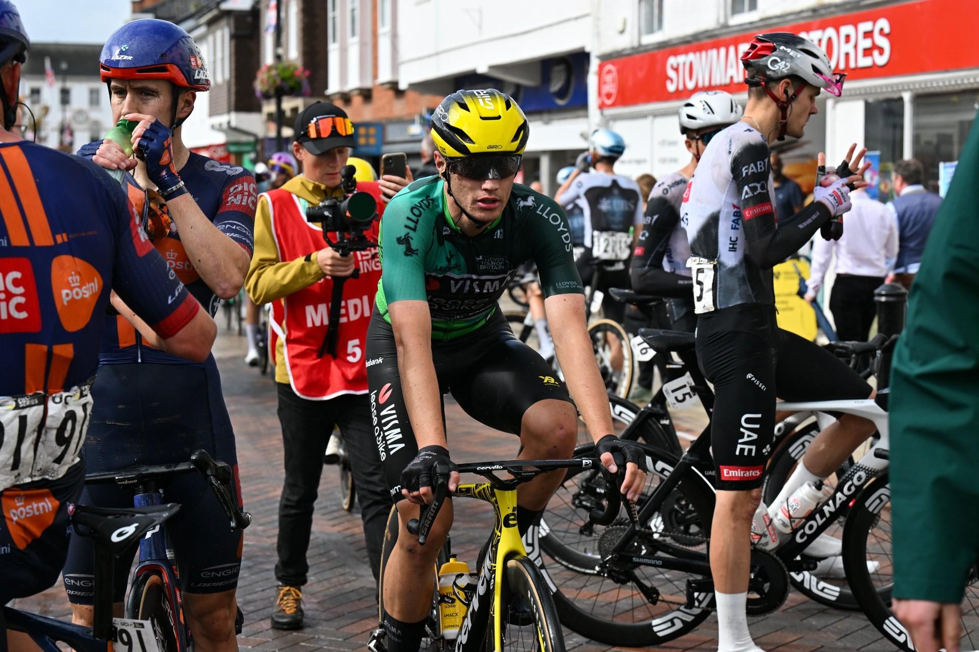 Olav Kooij rides through the finish area after winning Stage 2 of the Tour of Britain