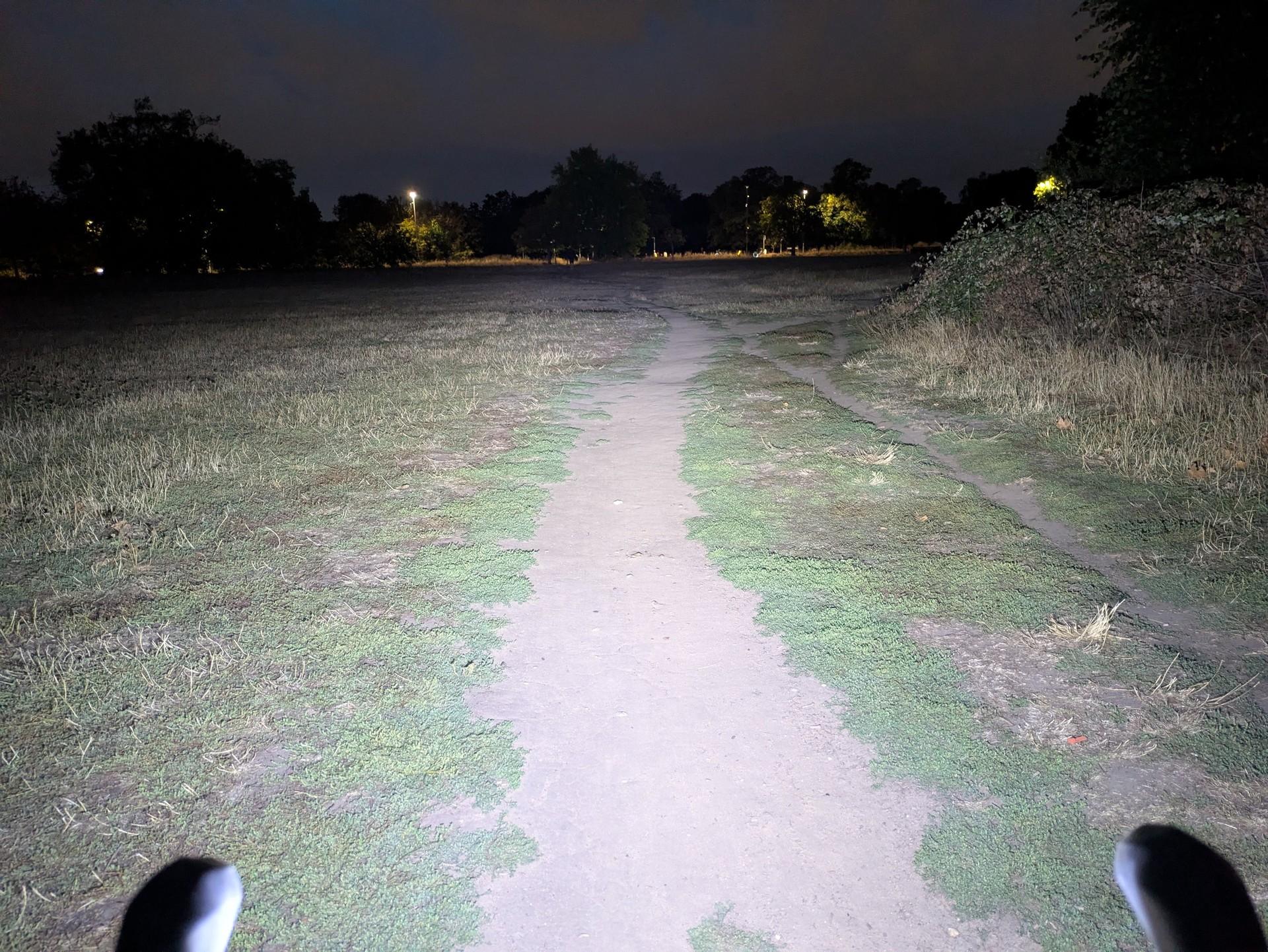 The Sioyio W617 casts a broad beam along a grassy track at night, with trees and distant streetlights ahead.