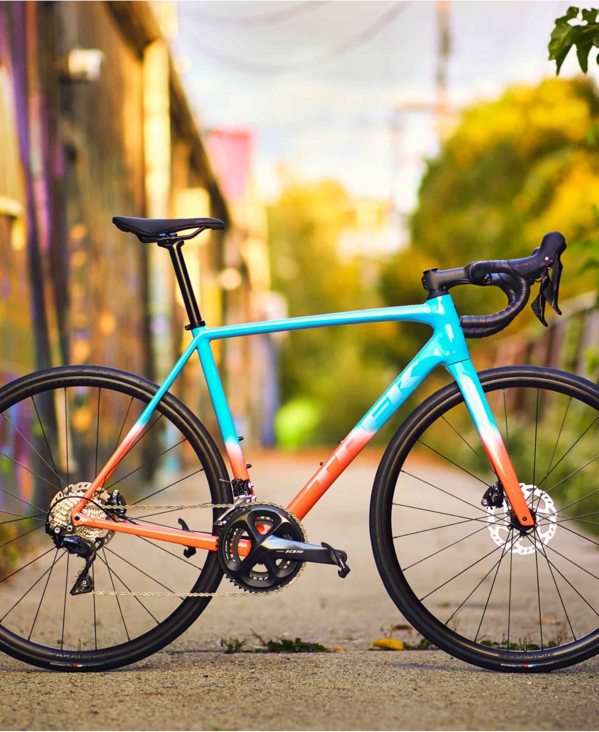 A colourful Trek Emonda ALR shot in a sunny cycling path