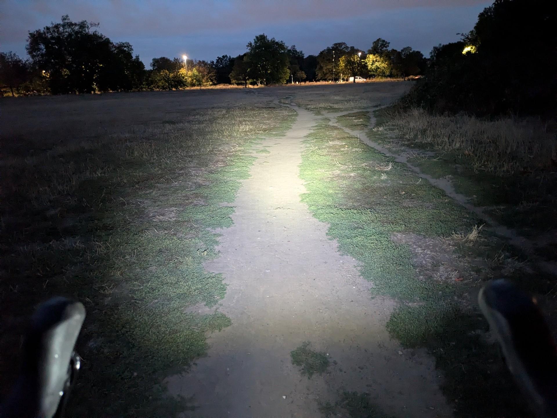 A bike light casts a narrow bright beam along an unlit park path at dusk, with handlebars visible.