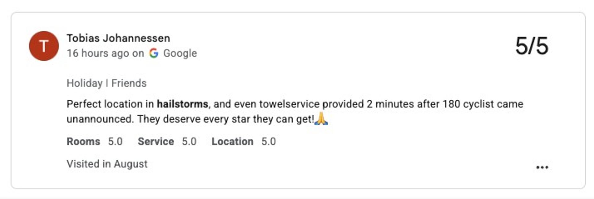 Screenshot of Tobias Halland Johannessen’s 5-star Google review praising the hotel’s welcome during a hailstorm.