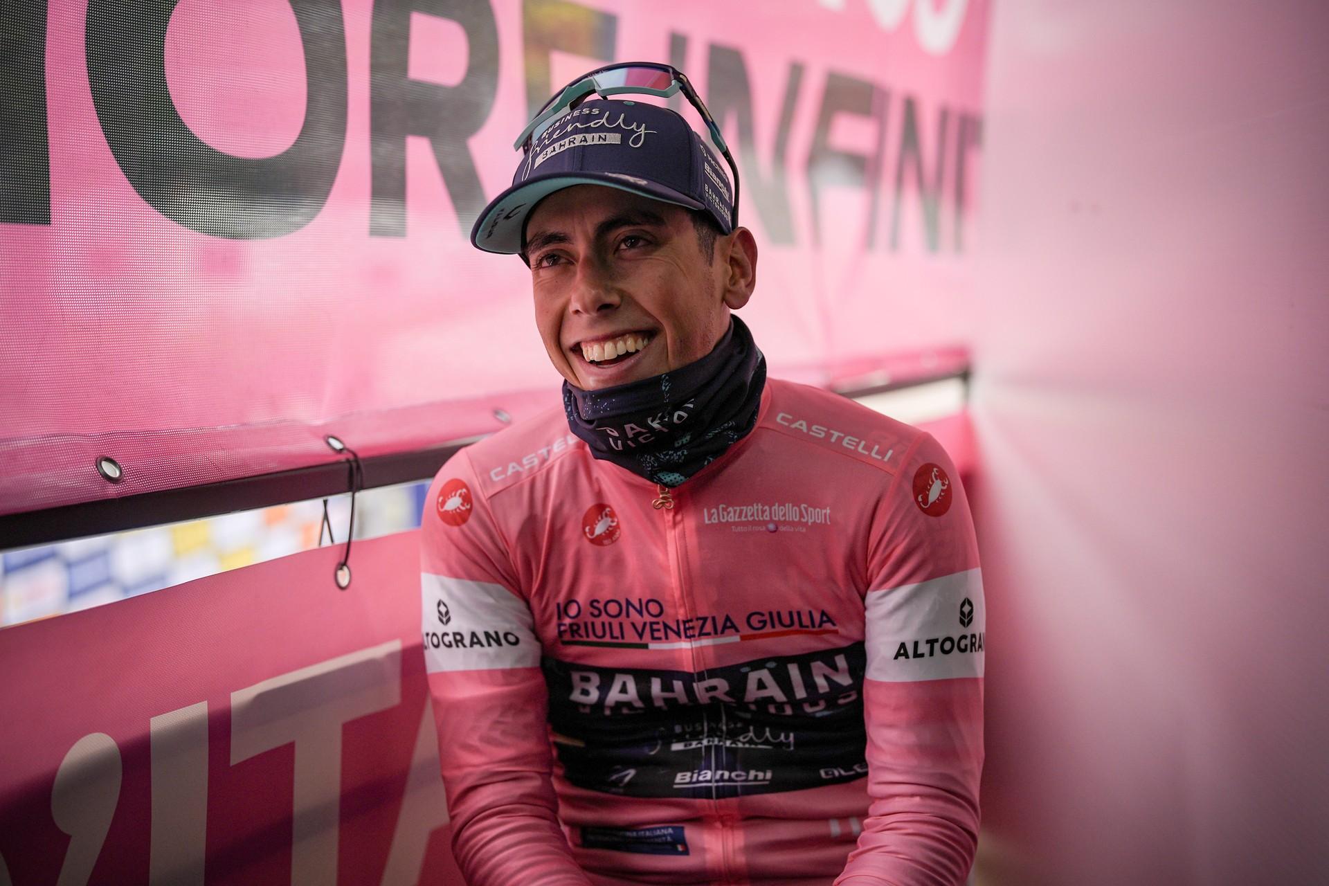 Afonso Oliveira Eullio in pink jersey after winning Stage 5 of the Giro d’Italia