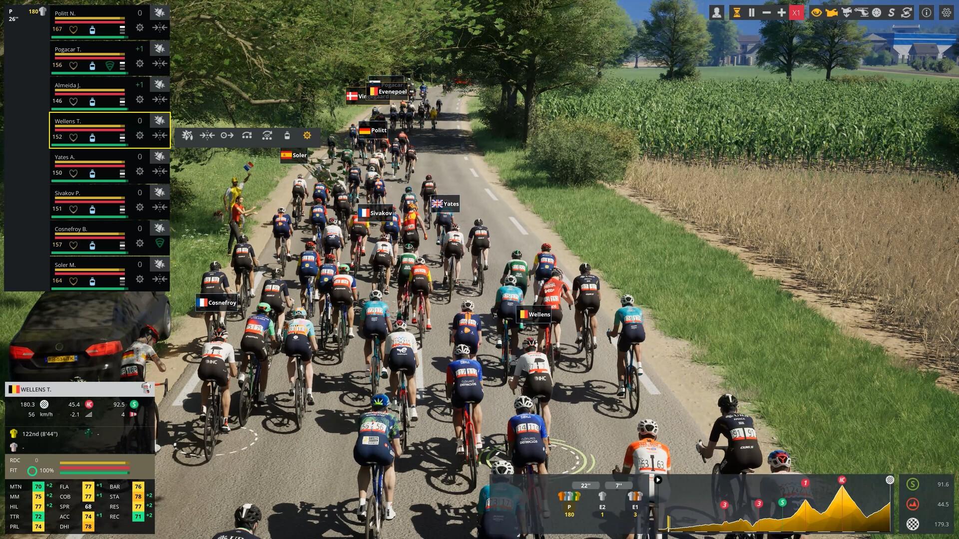 Peloton of cyclists rides along a rural road in a video game race, with HUD showing rider status