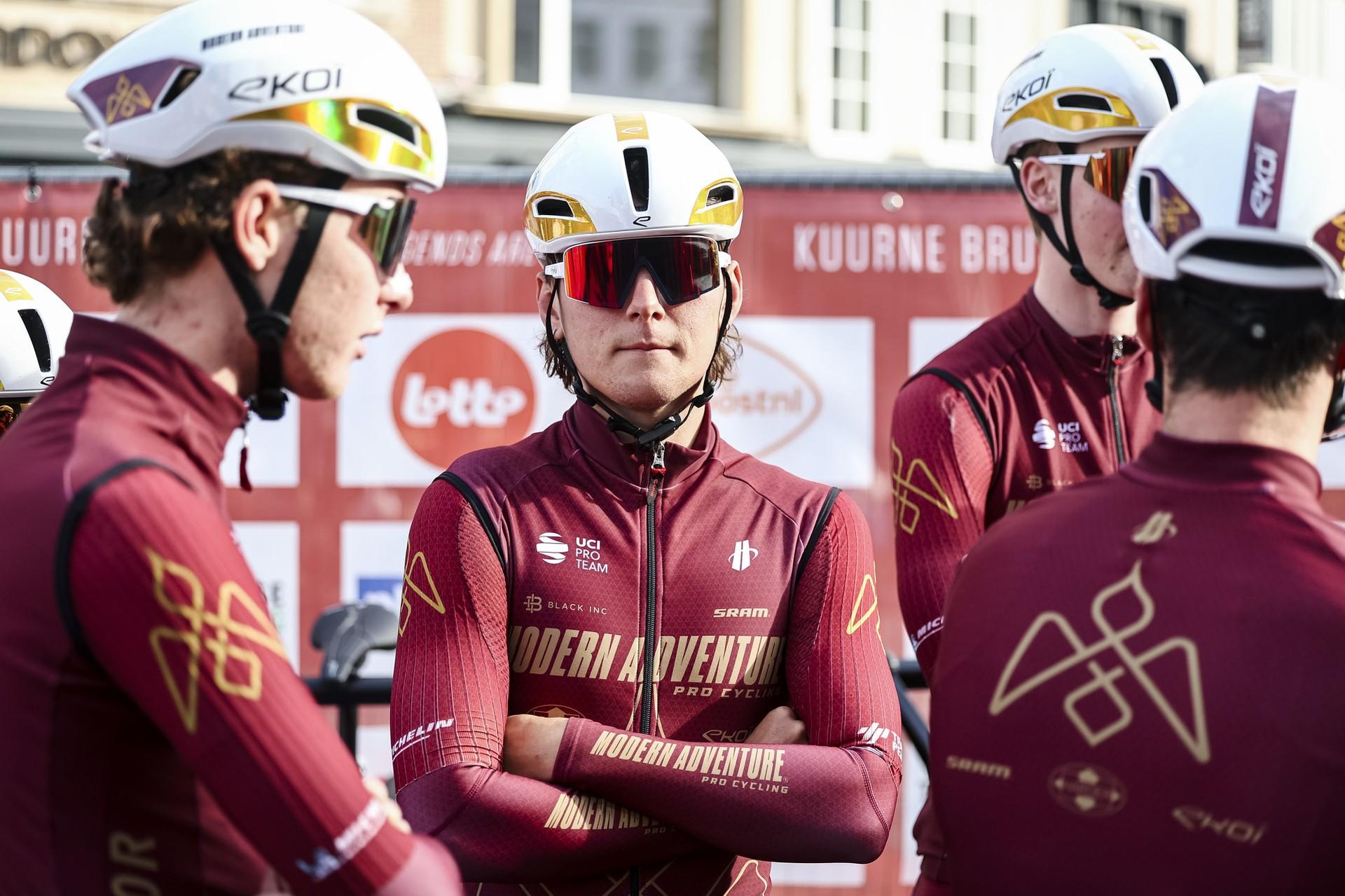 Modern Adventure Pro Cycling rider at the start of Kuurne-Brussel-Kuurne classic race.