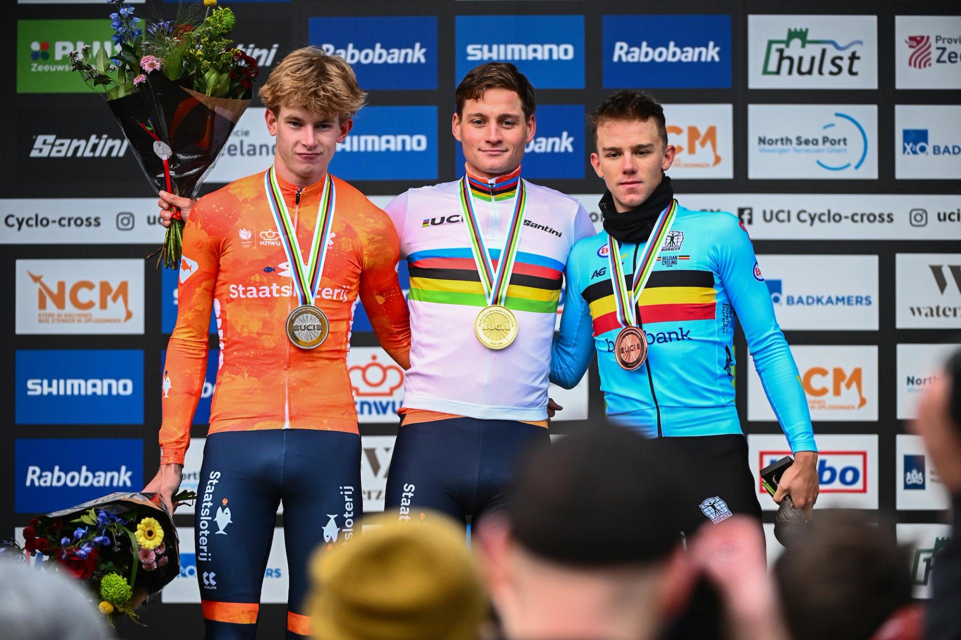 Picture by Simon Wilkinson/SWpix.com - 01/02/2026 - Cycling - 2026 UCI Cyclo-cross World Championships - Hulst, Zeeland, Netherlands - Men’s Elite - Podium - Winner Mathieu Van der Poel (Netherlands) 2nd Place Tibor Del Grosso (Netherlands) 3rd Place Thibau Nys (Belgium)
