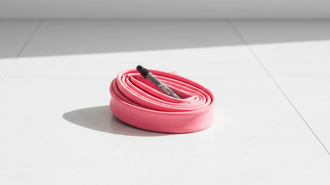 A latex inner tube on a stone floor