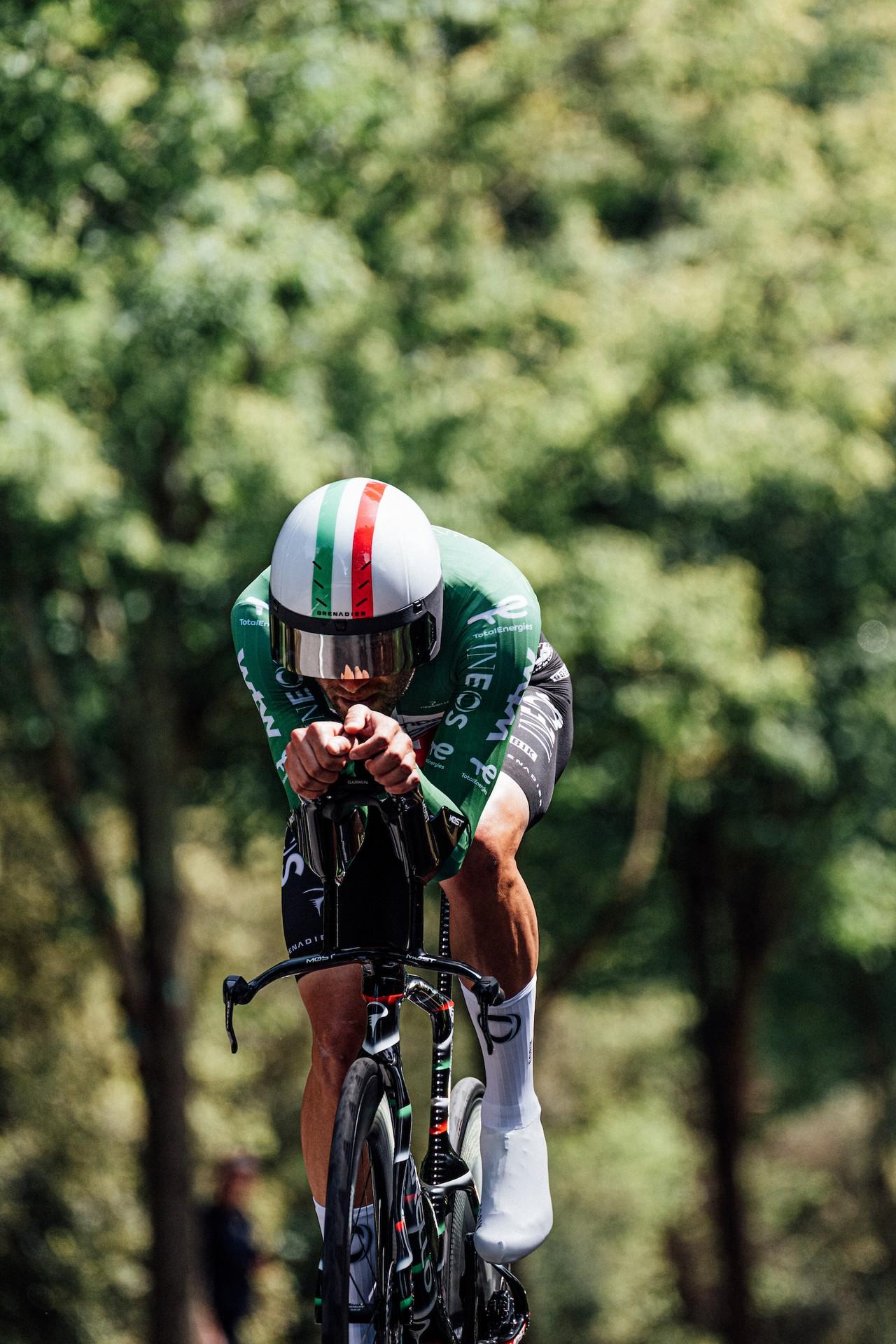 Filippo Ganna in team kit climbing during the Giro d’Italia Stage 10 time trial, Viareggio to Massa.