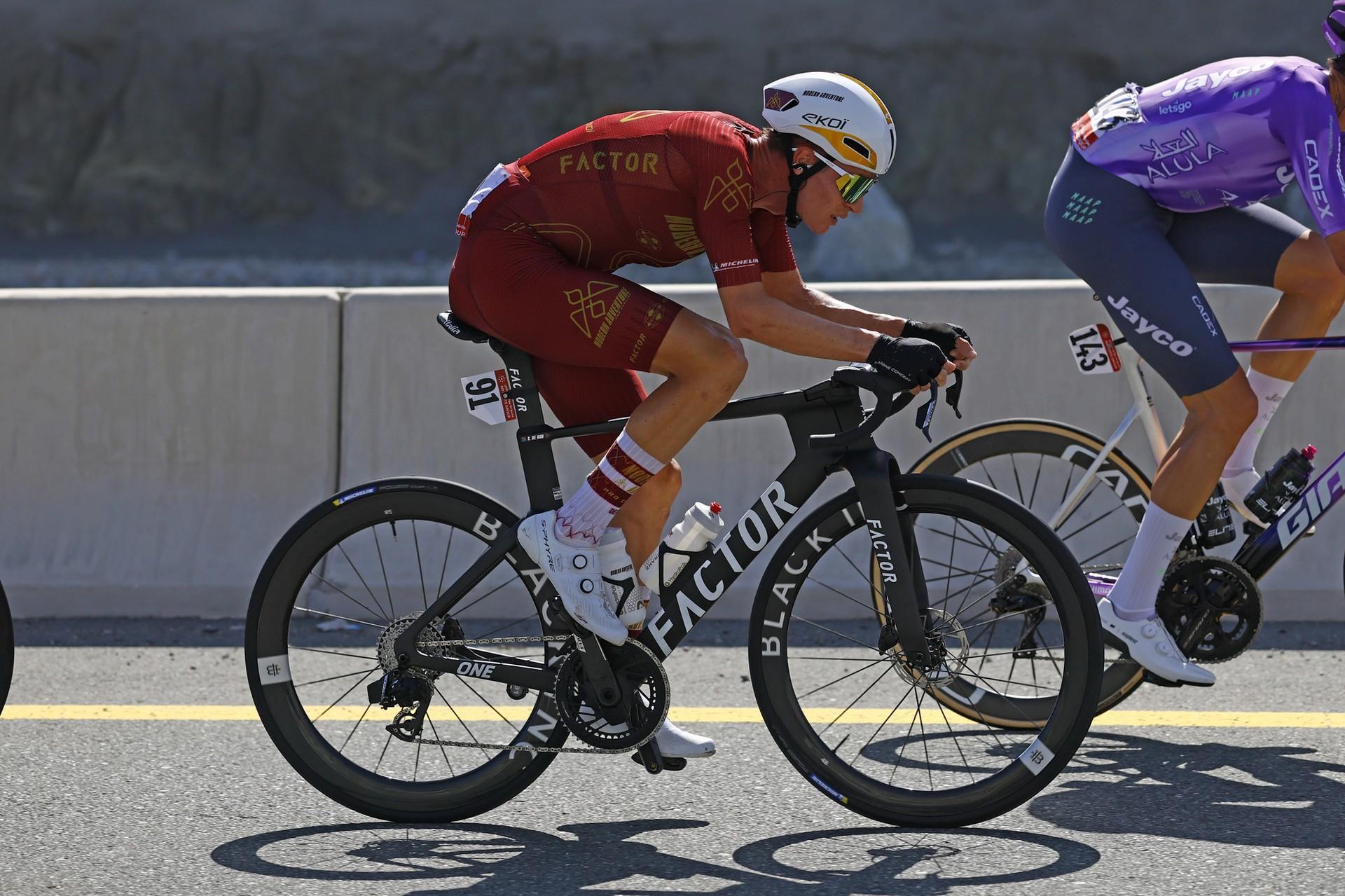 Professional cyclist Stefan De Bod competing in the UAE Tour on a Factor road bike during stage 4 in Fujairah.