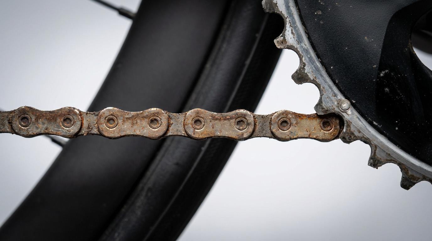 A rusty chain in front of a white background