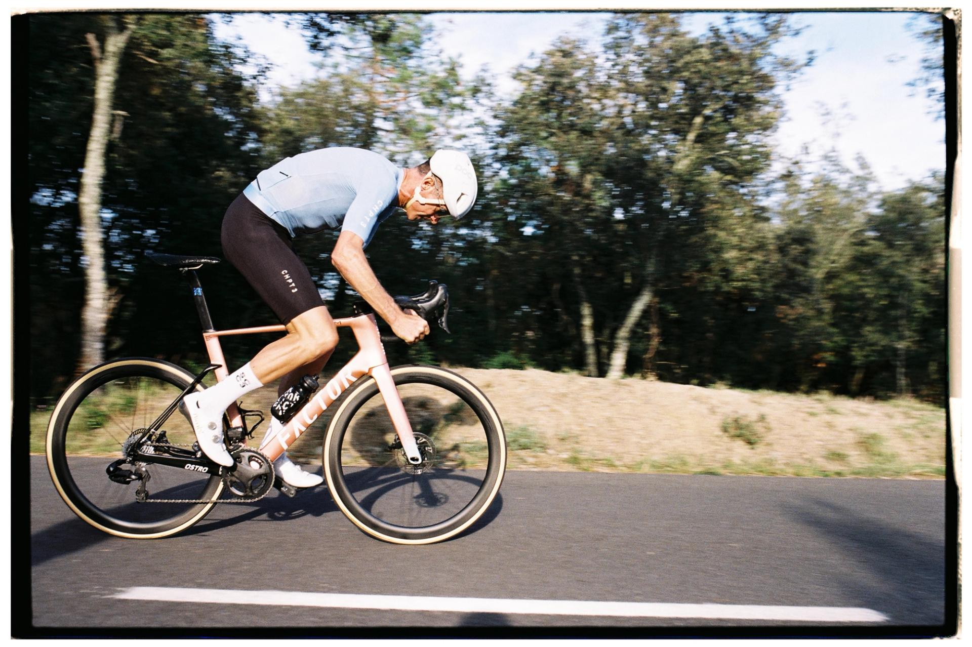 David Millar riding a Factor bike, shot on film