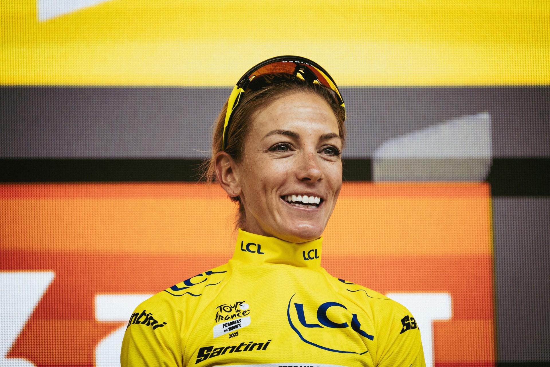 Ferrand-Prévôt smiles in Tour de France Femmes yellow jersey