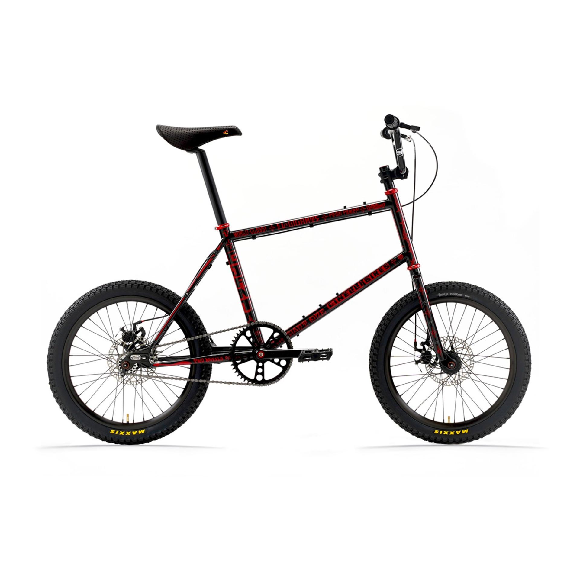 Side view of a red-and-black Cinelli Tutto Mini singlespeed bike with 20-inch wheels against a white background.