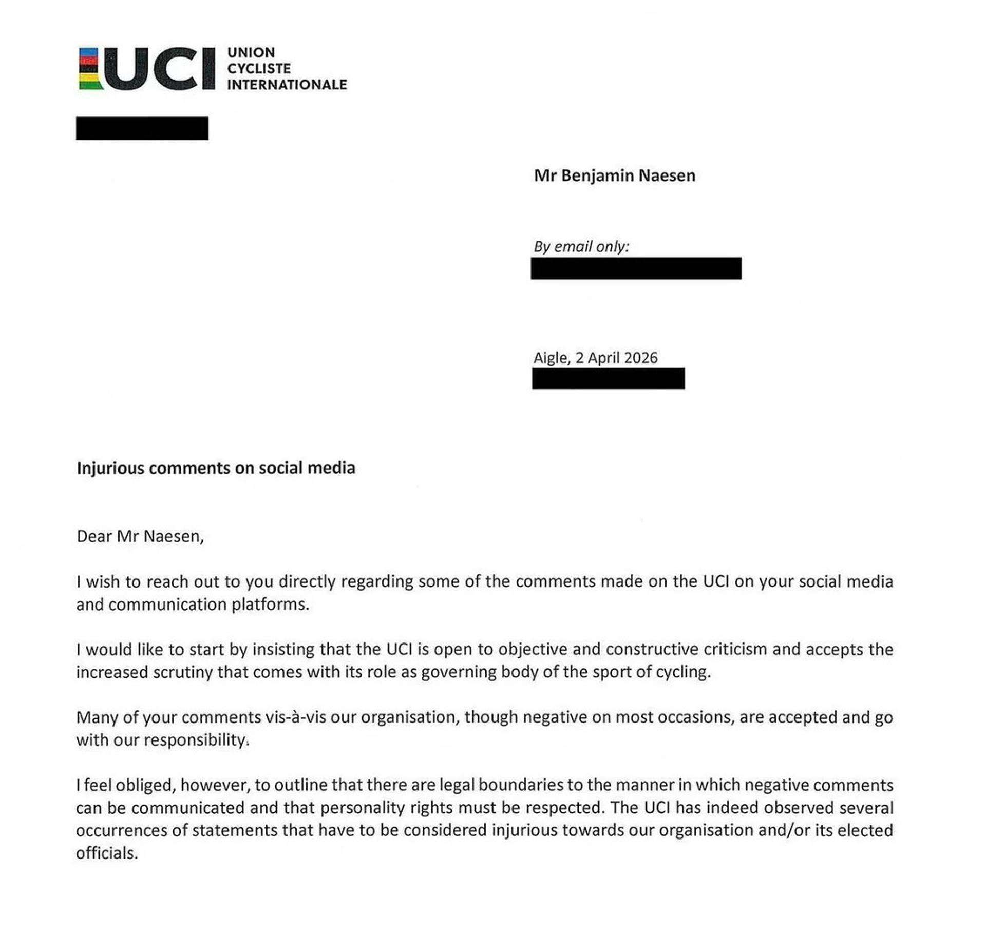 UCI letter document titled “Injurious comments on social media” addressed to Mr Benjamin Naesen.