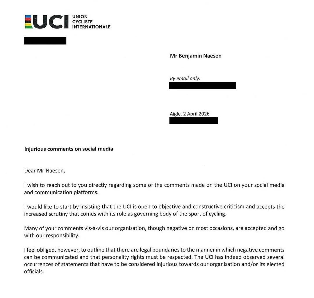 UCI letter document titled “Injurious comments on social media” addressed to Mr Benjamin Naesen.