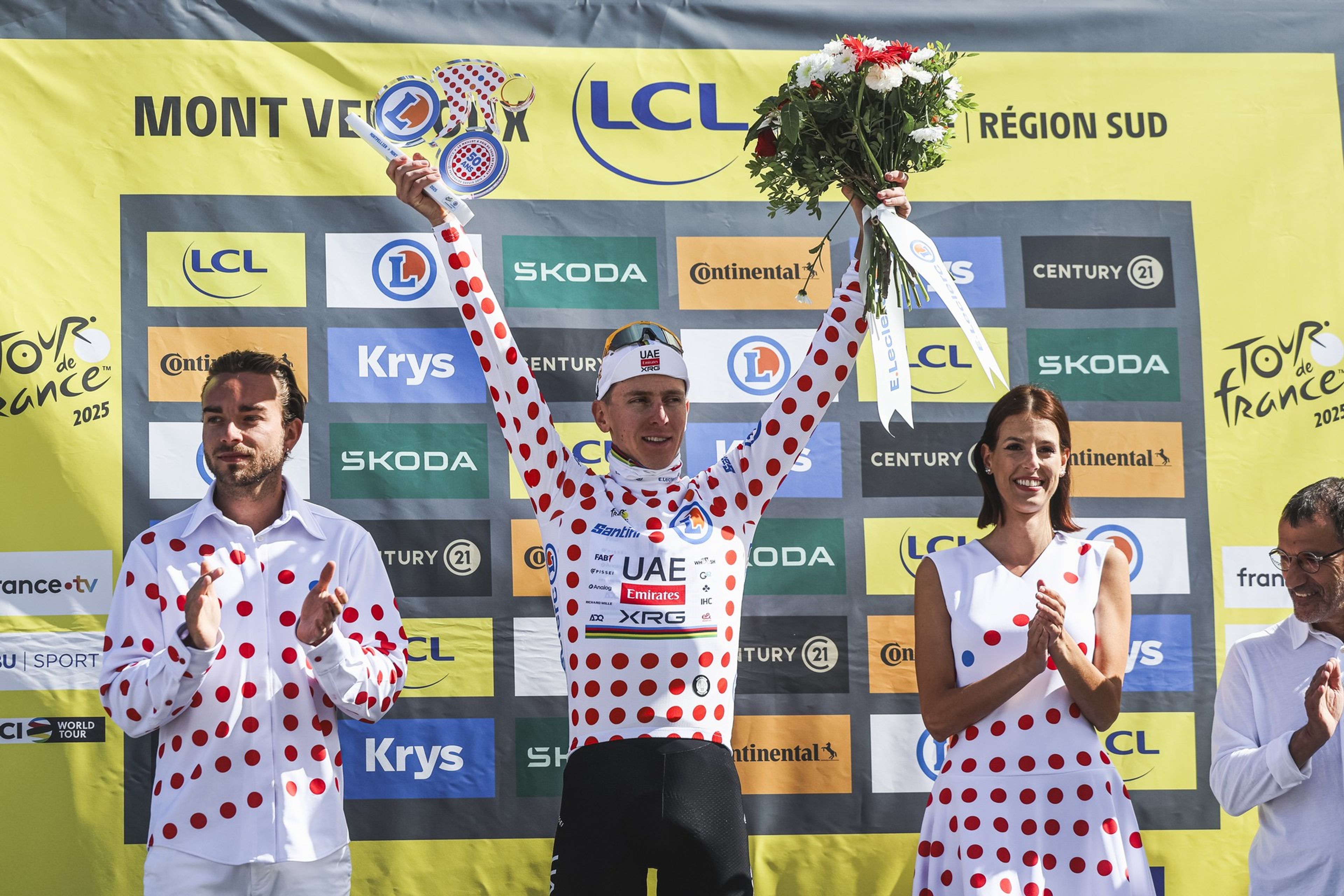 Pogačar in the polka dot jersey atop Mont Ventoux
