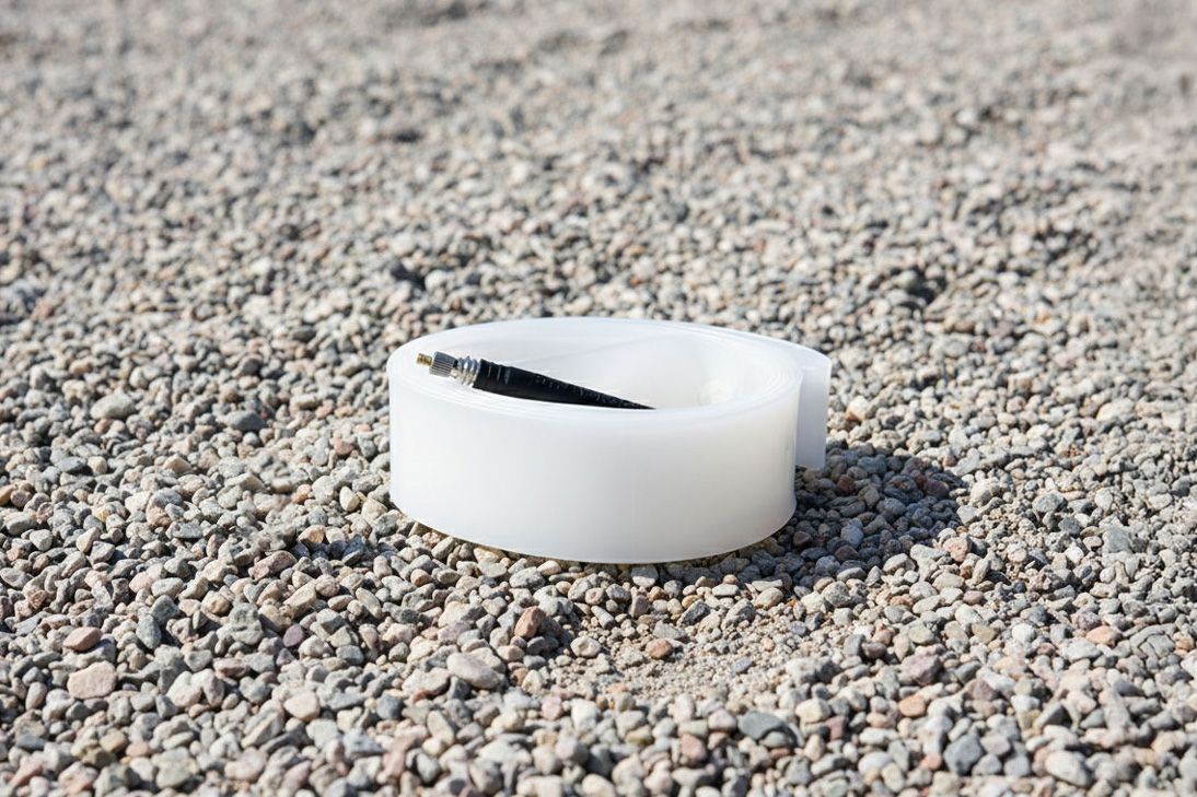 A Revoloop Ultra Race TPU inner tube sat flat on a gravel surface on a bright day