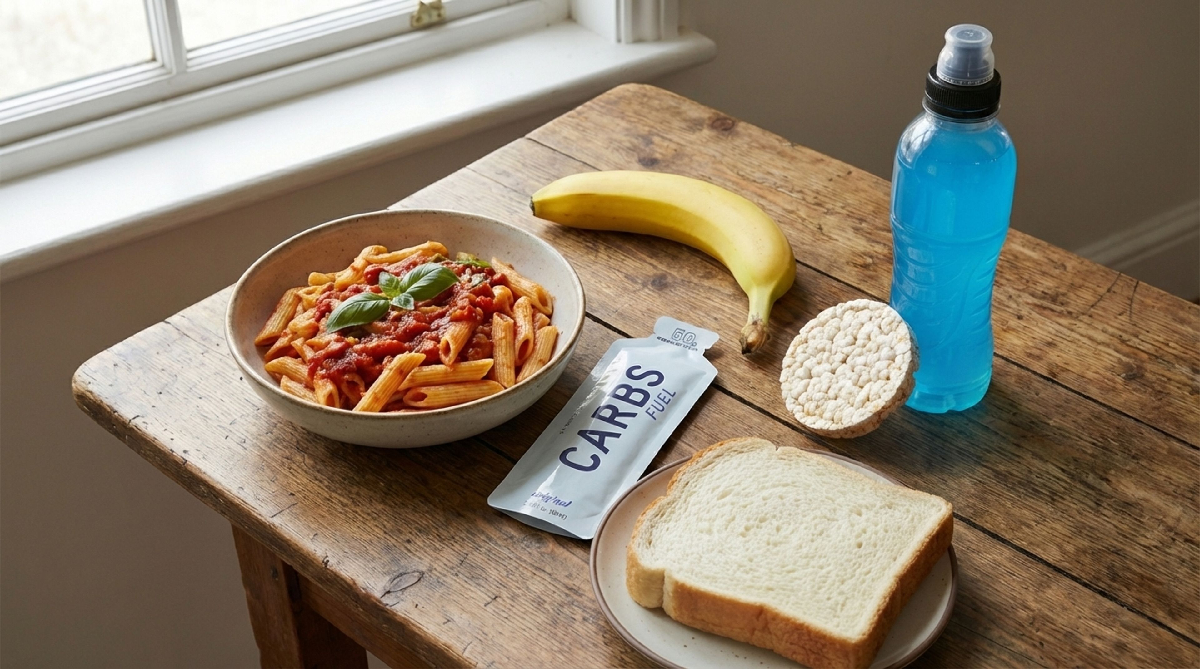 Ride day fuel - pasta, bread, an energy gel and banana all sitting on a table