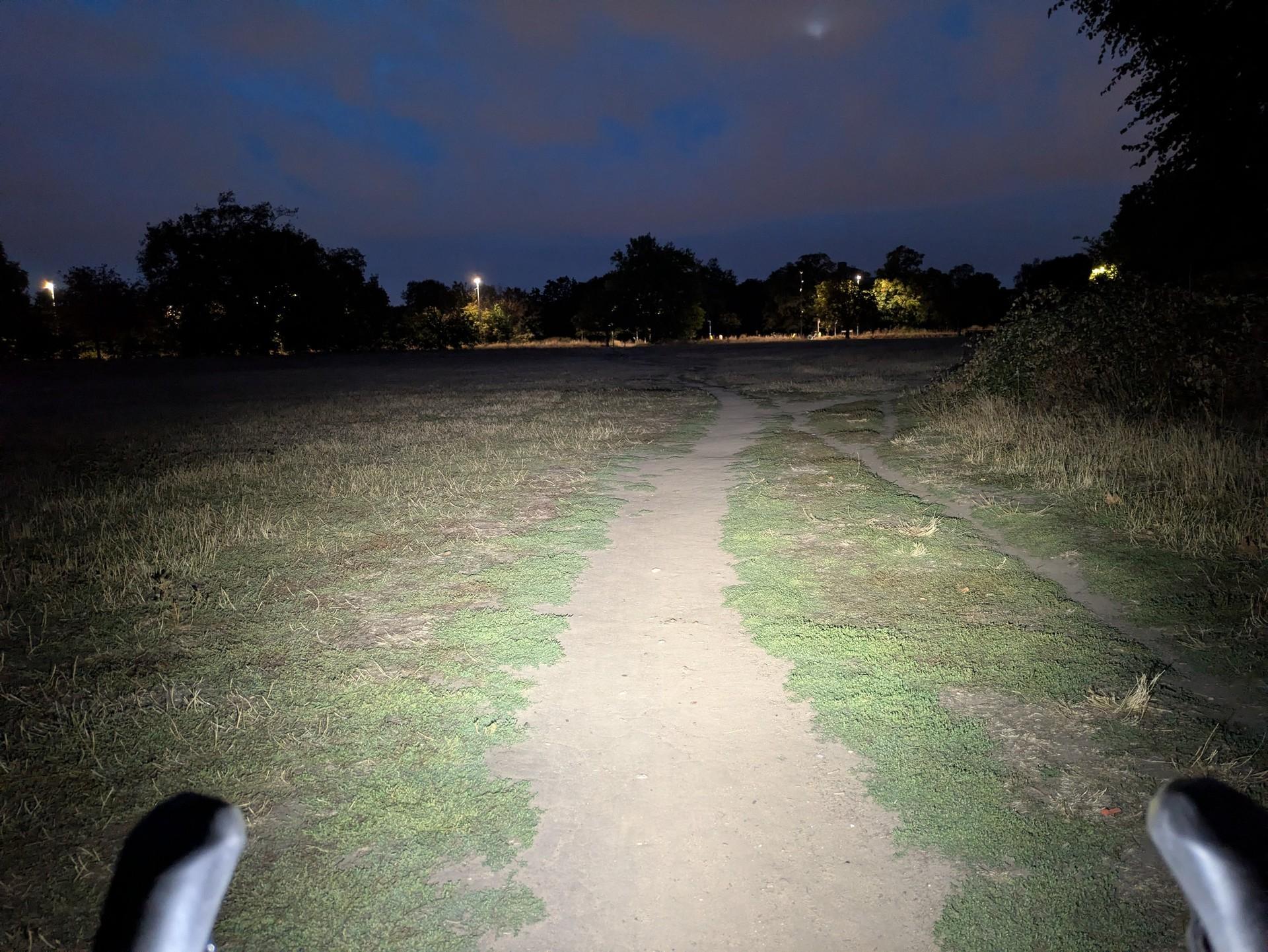 A bike light illuminates a dirt path through a dark park, with handlebars visible at the bottom