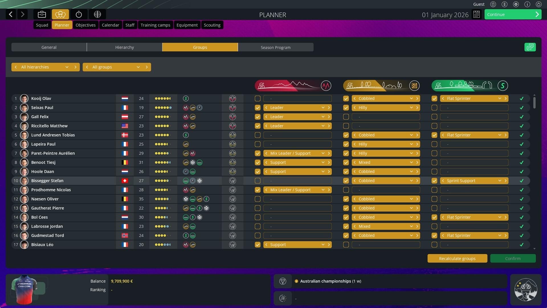 Cycling race planner screen showing rider roster, team categories, and stage strategy controls