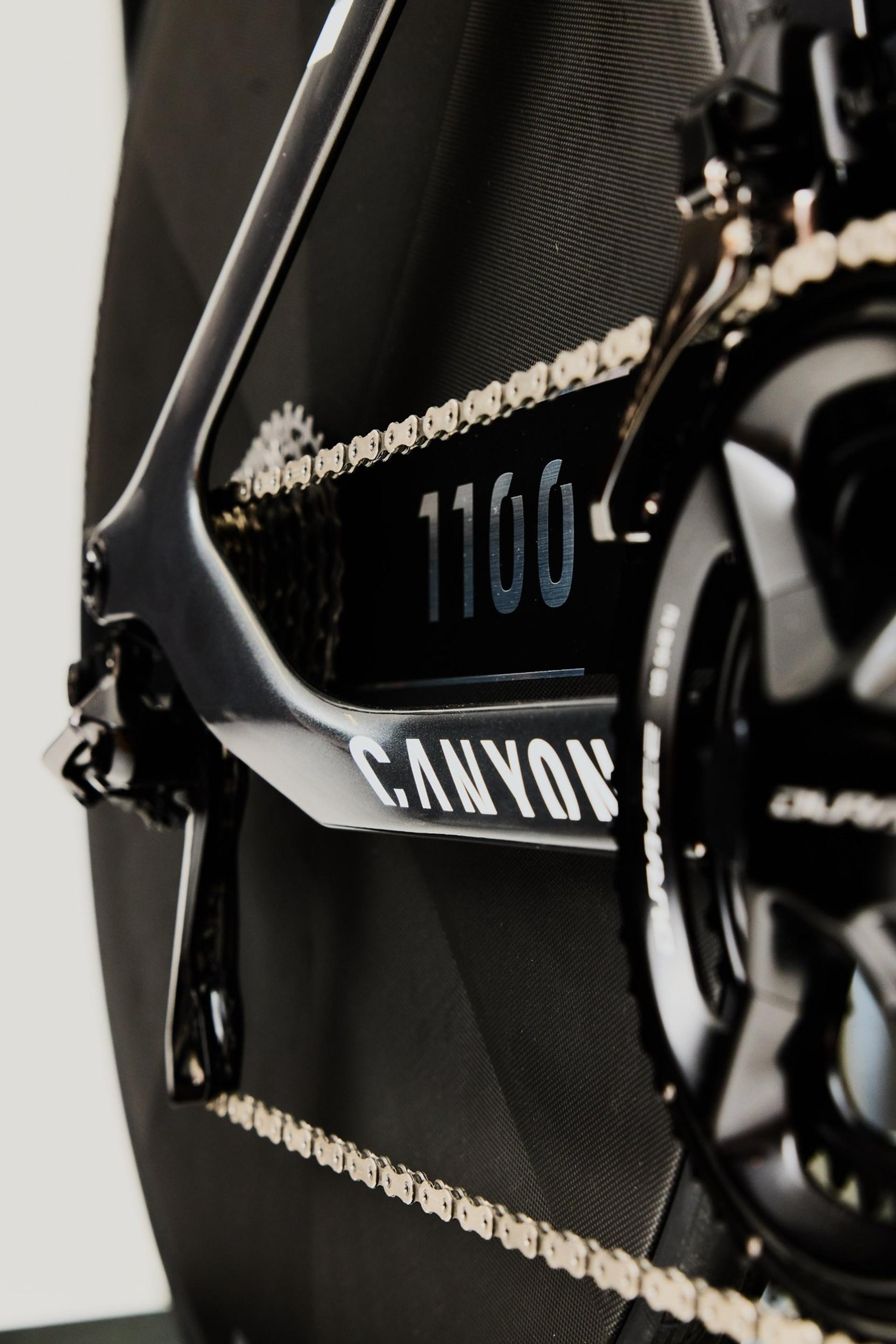 Close-up of Canyon’s prototype Speedmax CFR TT bike, showing the carbon frame, chain and drivetrain.