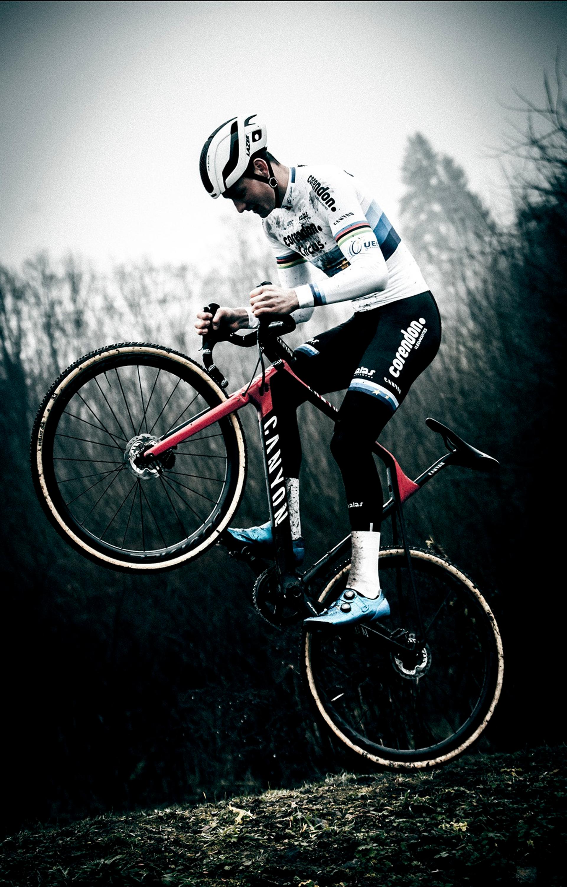 Mathieu van der Poel performing a bunny hop on the Canyon Inflite