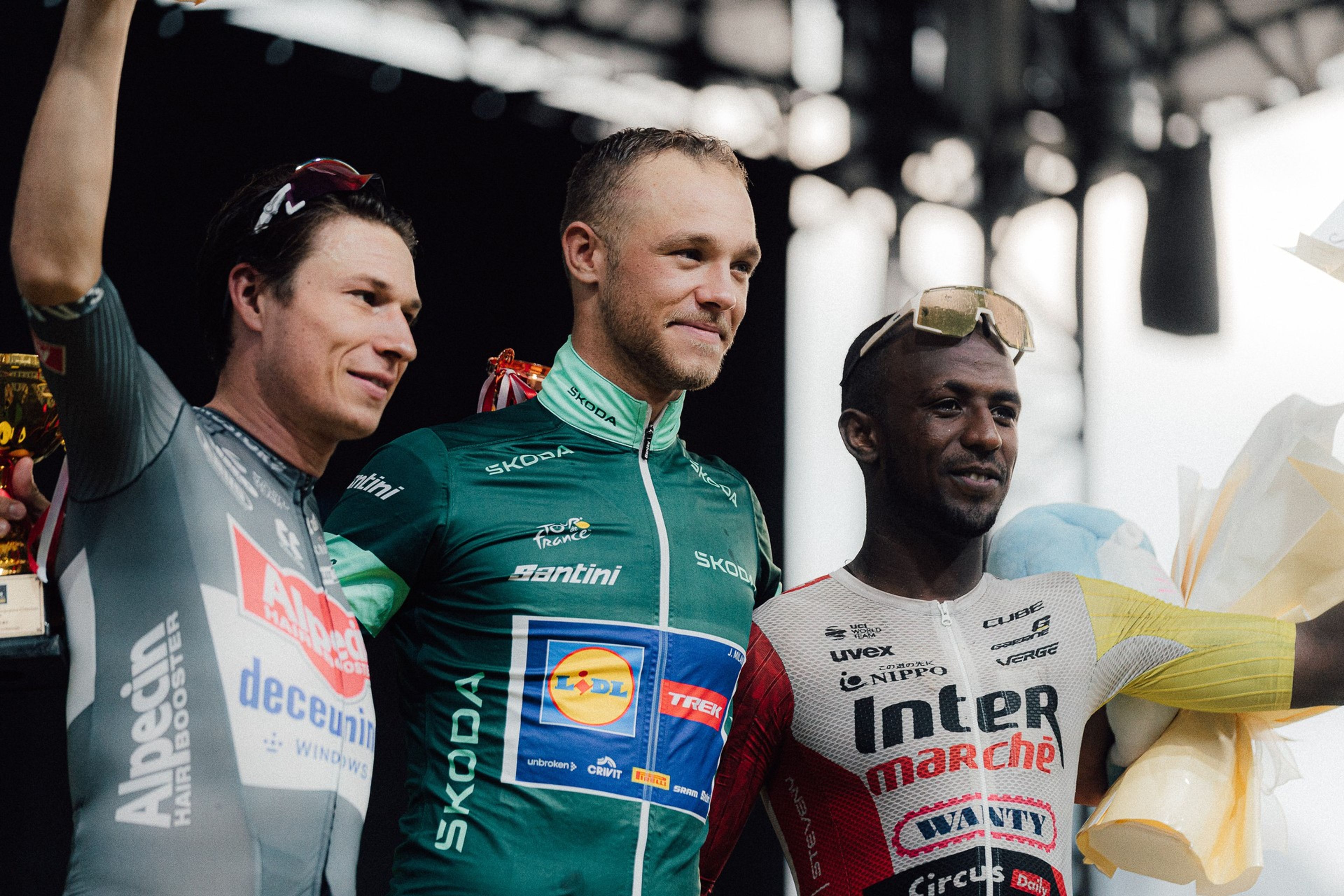 Philipsen podium with Milan and Girmay, Singapore Crit (55 chars)