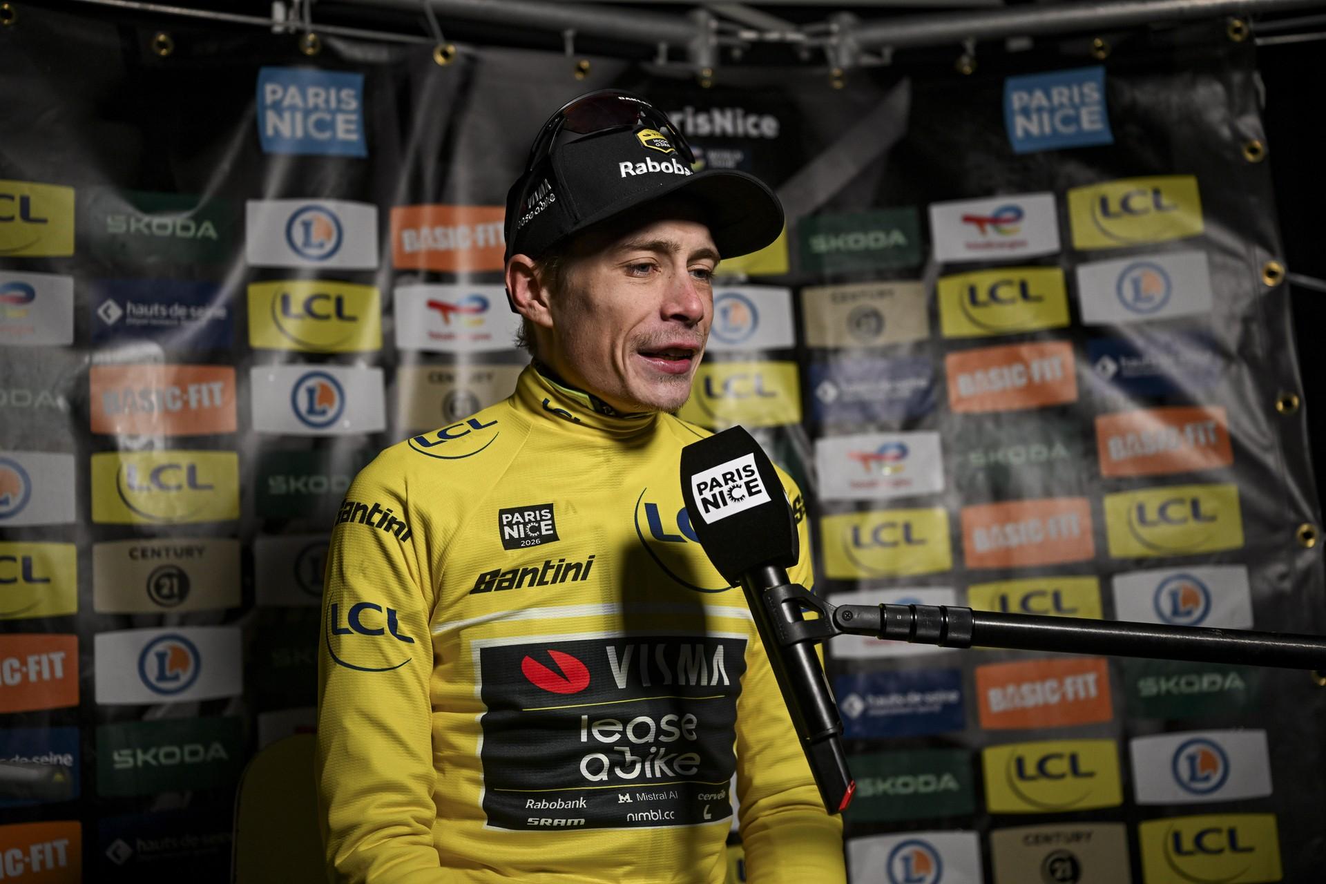 Jonas Vingegaard in the yellow leader's jersey during a post-race interview at Paris-Nice.