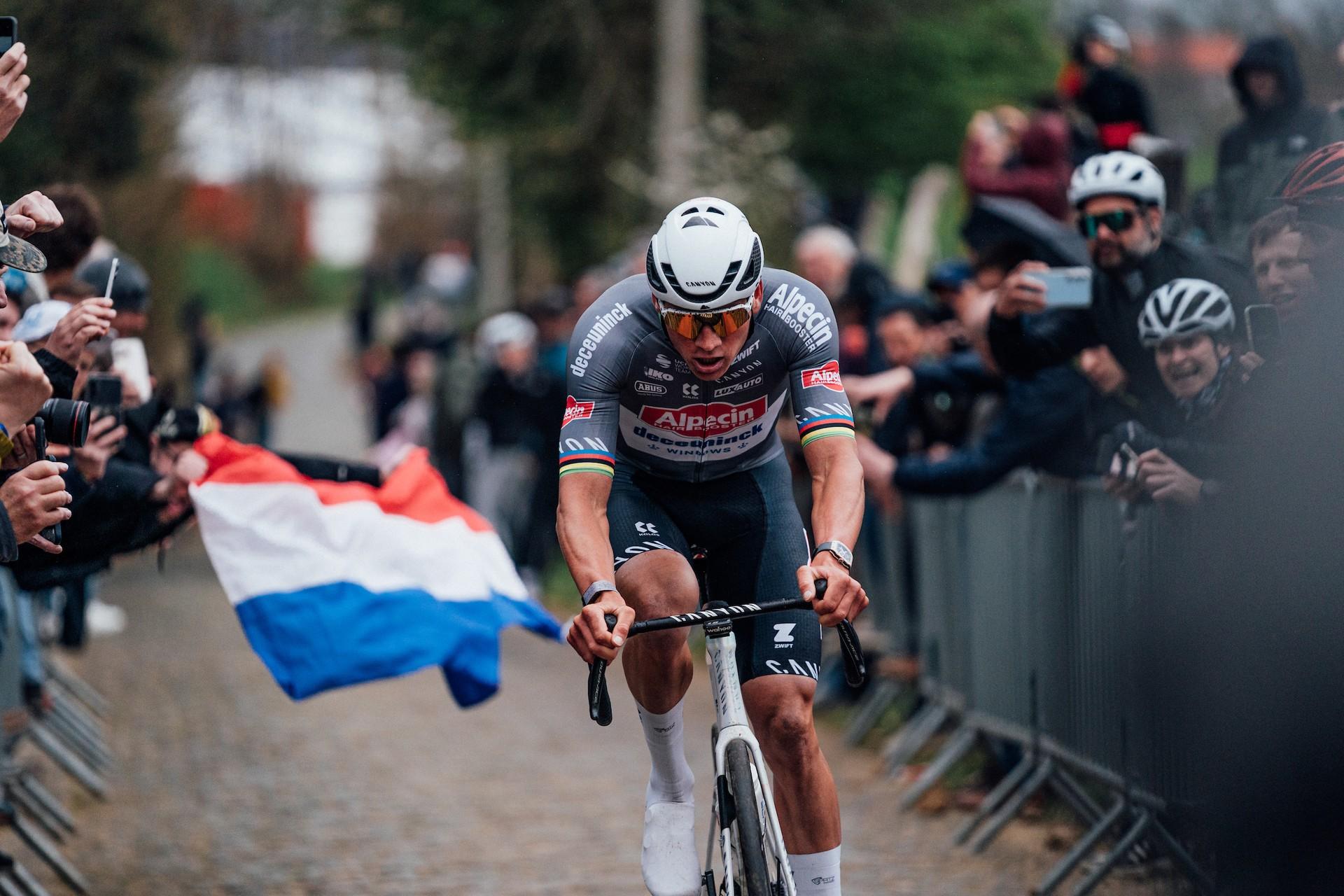 Mathieu van der Poel of Alpecin-Deceuninck racing on a cobbled road during the E3 Saxo Classic.