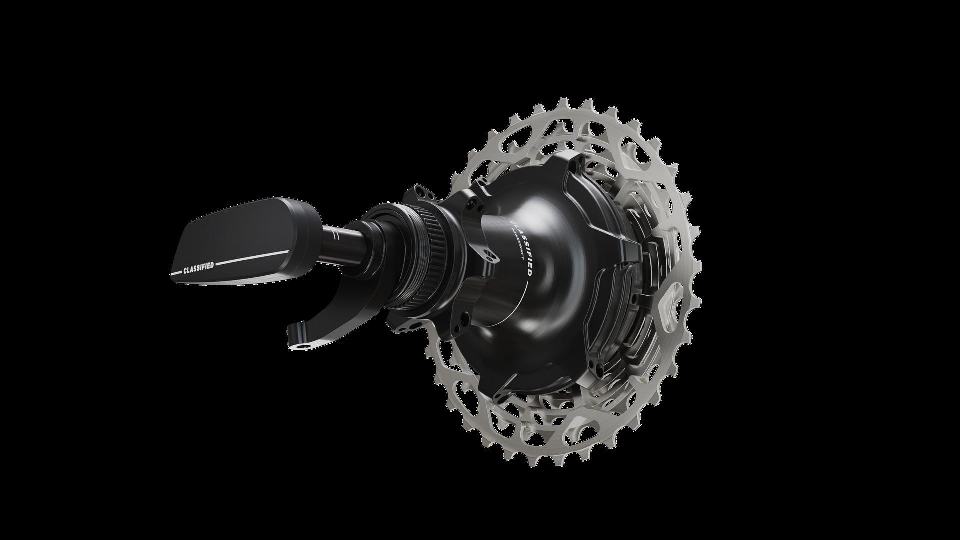 Classified Powershift internal gear hub system with cassette and thru-axle shifting actuator on a white background.