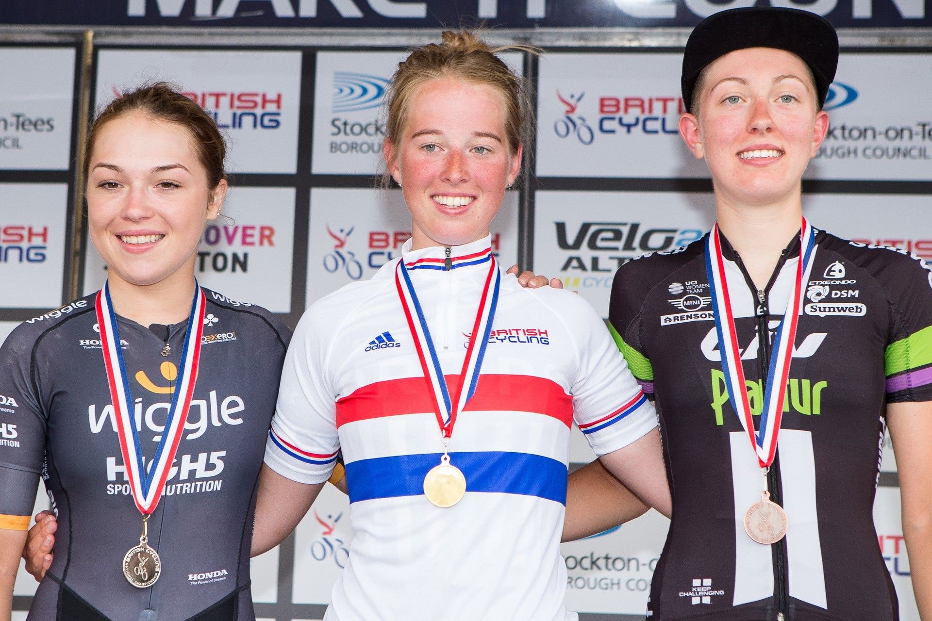Alice Barnes, Lucy Garner and Molly Weaver pose with medals after the British Cycling U23 women’s road race.