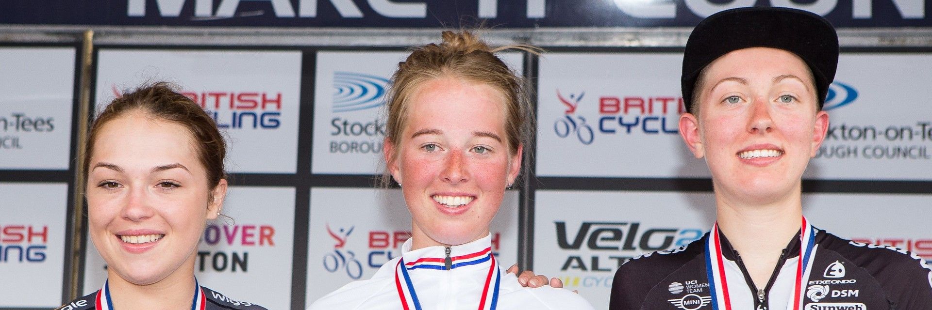 Alice Barnes, Lucy Garner and Molly Weaver pose with medals after the British Cycling U23 women’s road race.