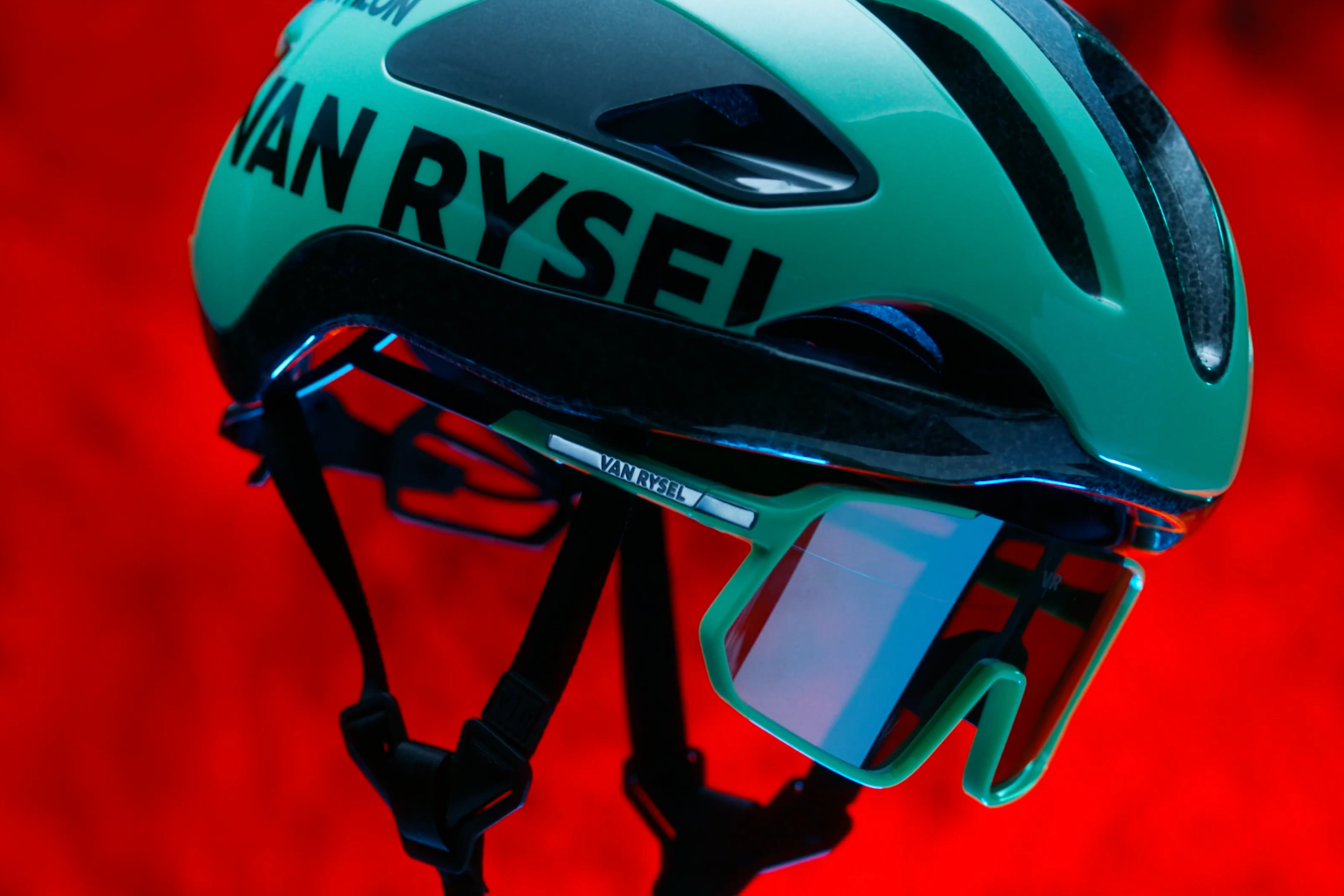 Van Rysel's new team helmet and glasses