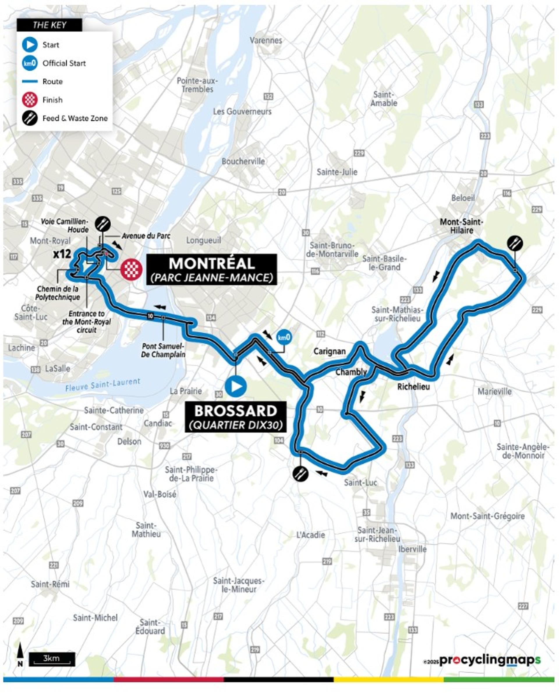 Map of the Montréal World Championships road race course, showing the blue route between Montréal and Brossard.