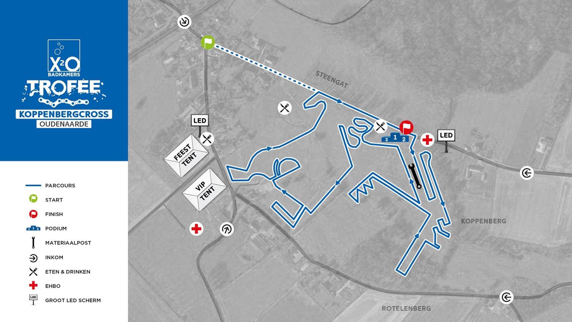 Course map for the X2O Badkamers Trofee Koppenbergcross in Oudenaarde, with the cyclocross route highlighted in blue.