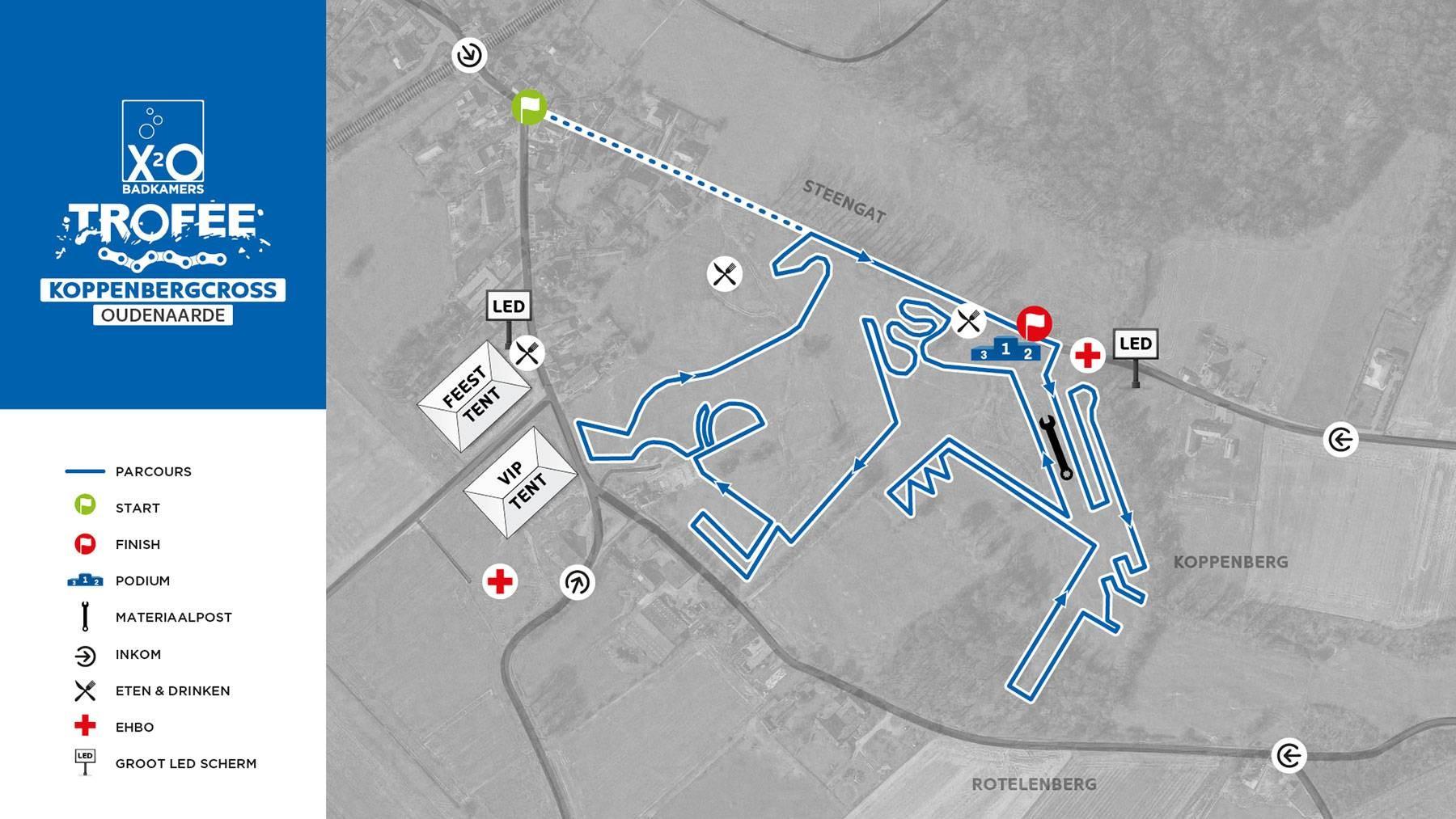 Course map for the X2O Badkamers Trofee Koppenbergcross in Oudenaarde, with the cyclocross route highlighted in blue.