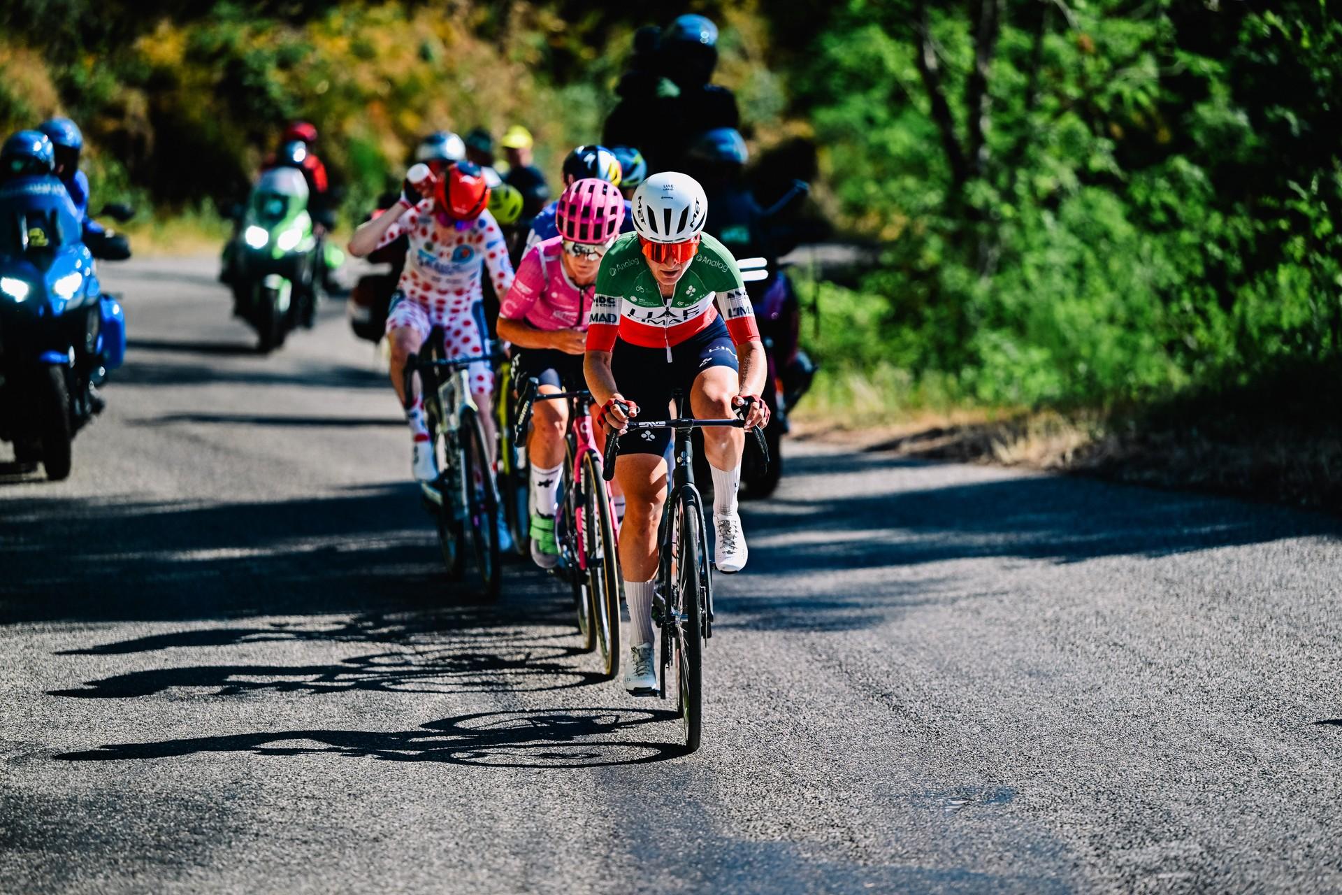 Elisa Longo Borghini leads a Tour de France Femmes with Zwift group on the Côte de Boucieu-le-Roi climb
