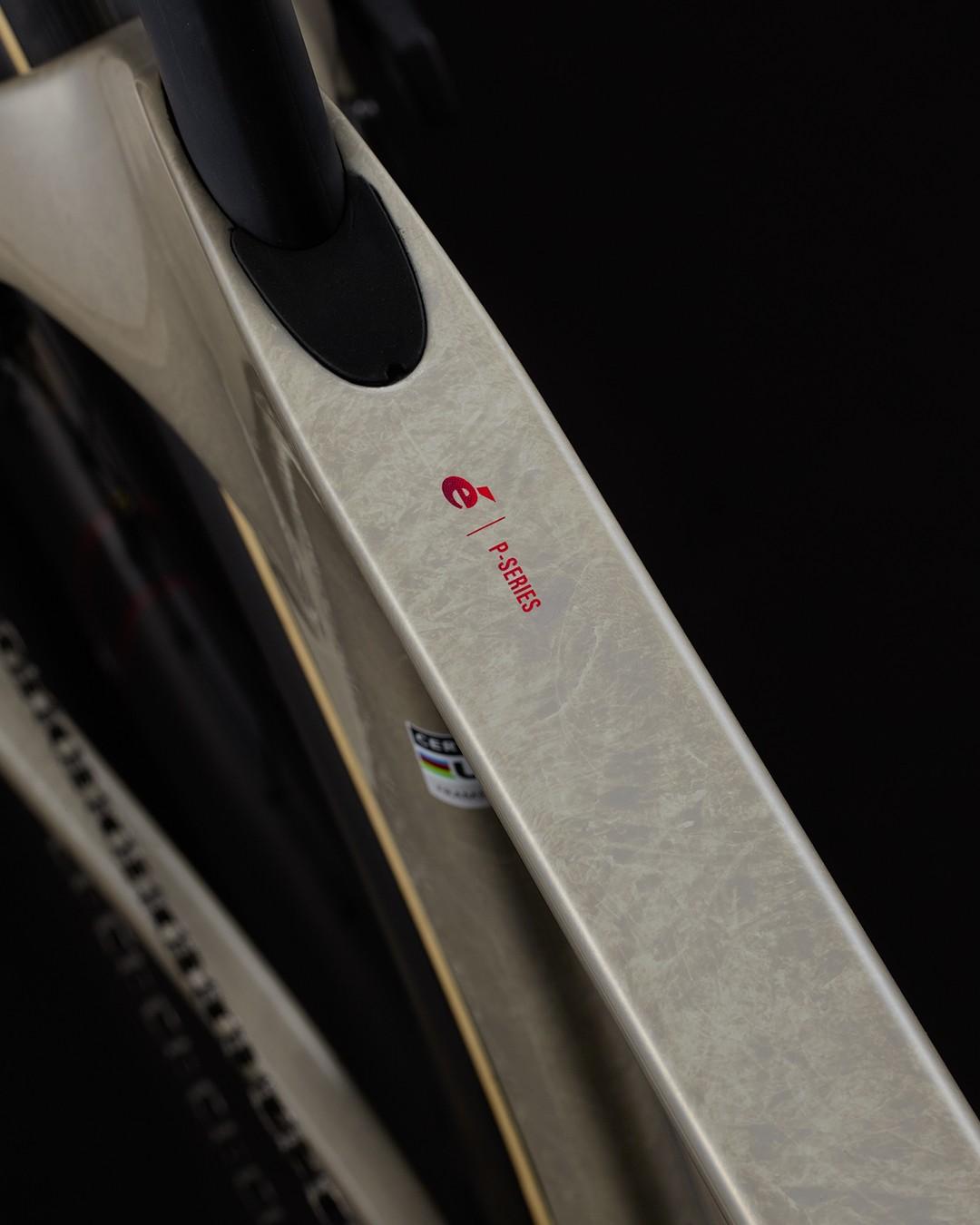 Close-up of the Cervélo P-Series triathlon bike frame, showing its red P-Series branding