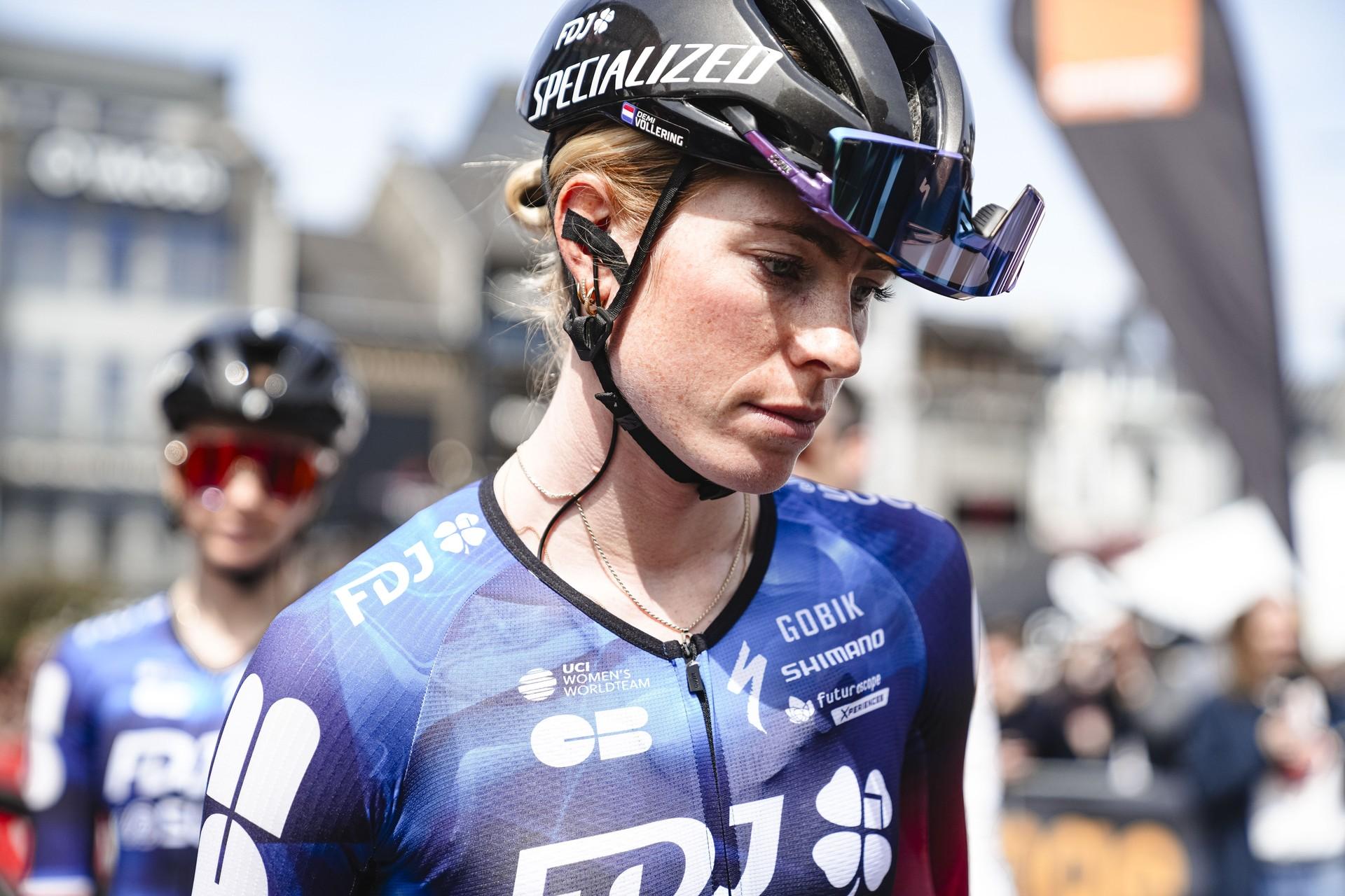 Demi Vollering of FDJ-SUEZ looks focused during the Liège-Bastogne-Liège Femmes professional cycling race.