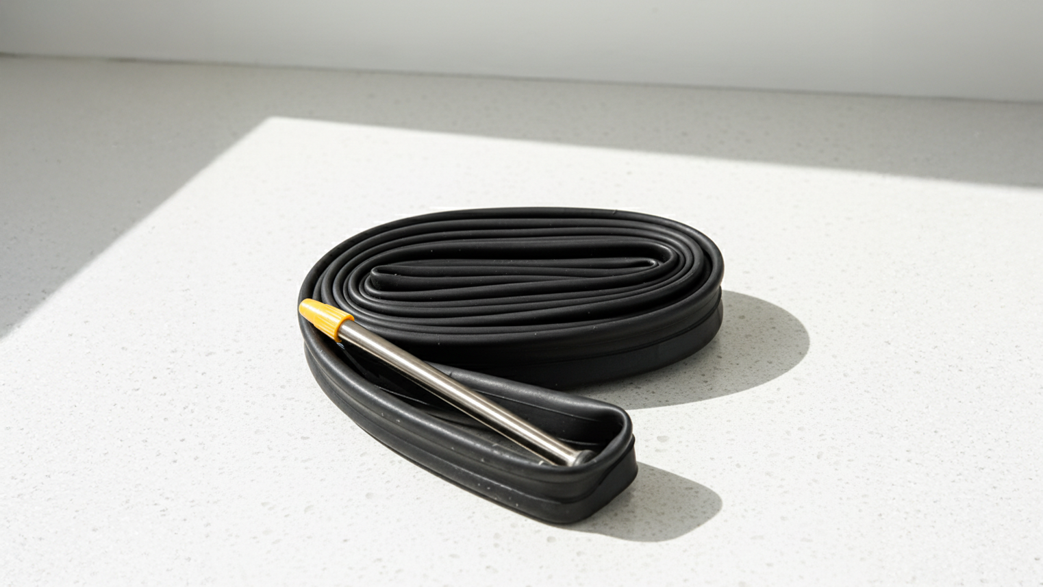 A butyl inner tube on a white stone floor