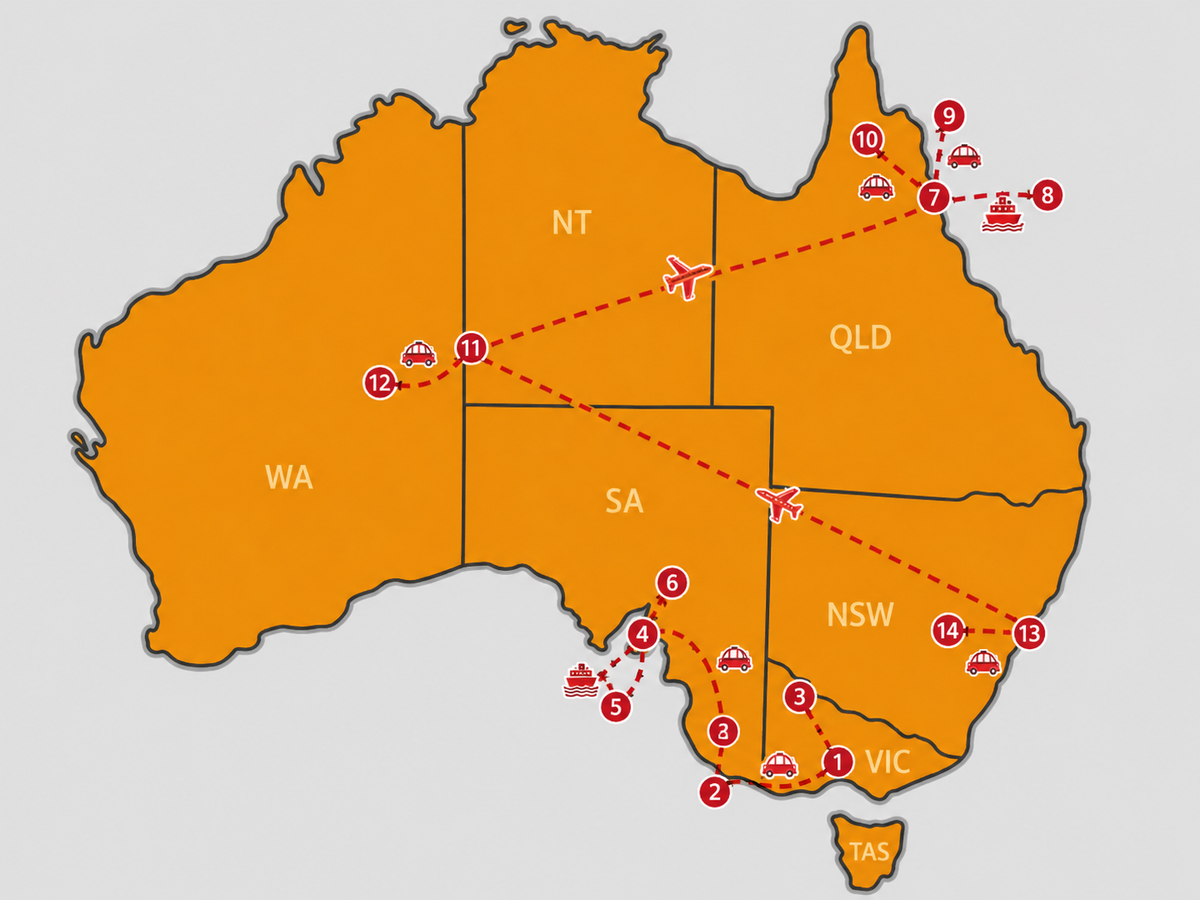 Mappa Le Icone Australiane – On the Road tra Oceano, Outback e Barriera Corallina