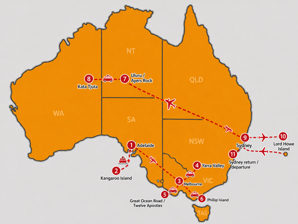 Mappa Australia Summer Escape — Con estensione a Lord Howe Island