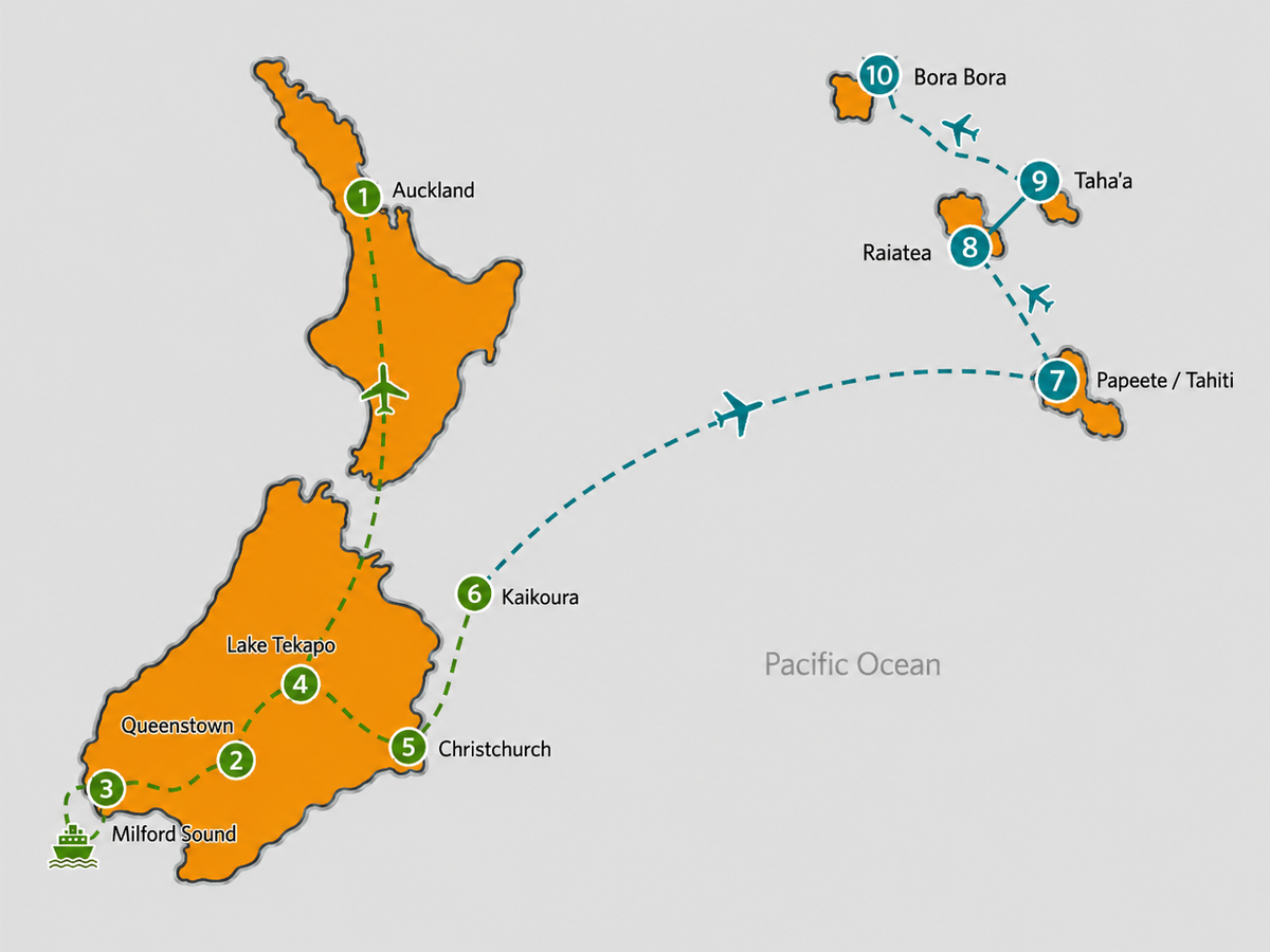 Mappa Nuova Zelanda e Polinesia — Due mondi straordinari