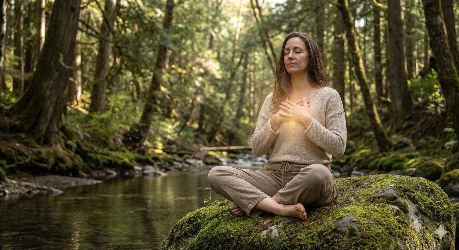 A person in a deeply grounded, contemplative pose in nature, symbolizing the act of tuning in to the body's messages.