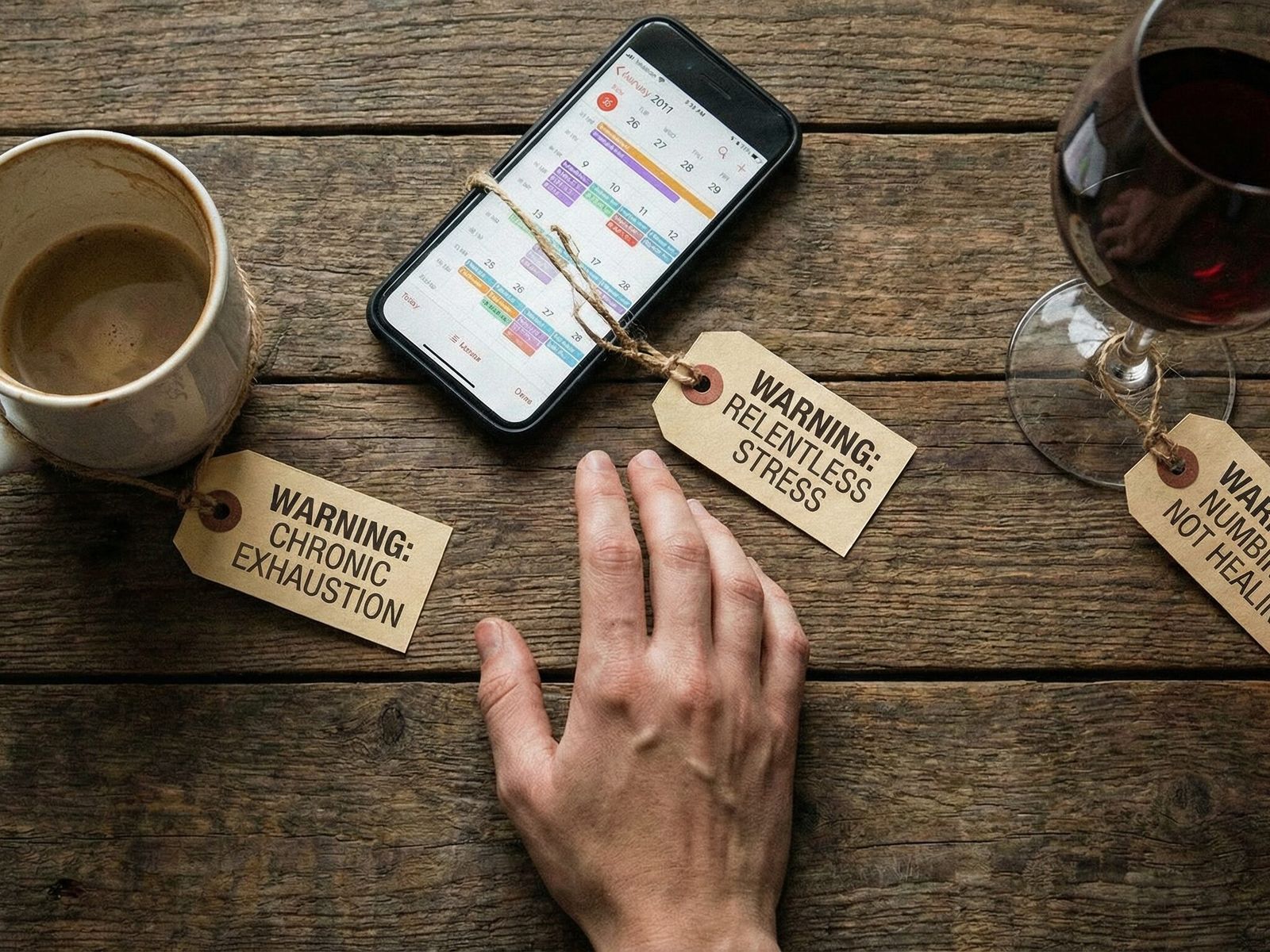 A close-up photograph of everyday items (representing the habits mentioned in the text) that have subtle, customized "warning labels" attached to them.