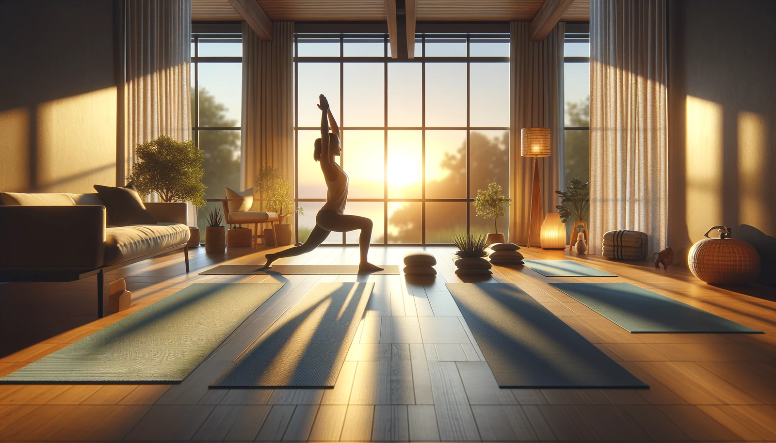 A person practicing a lunge with arms raised in a sunlit yoga studio.