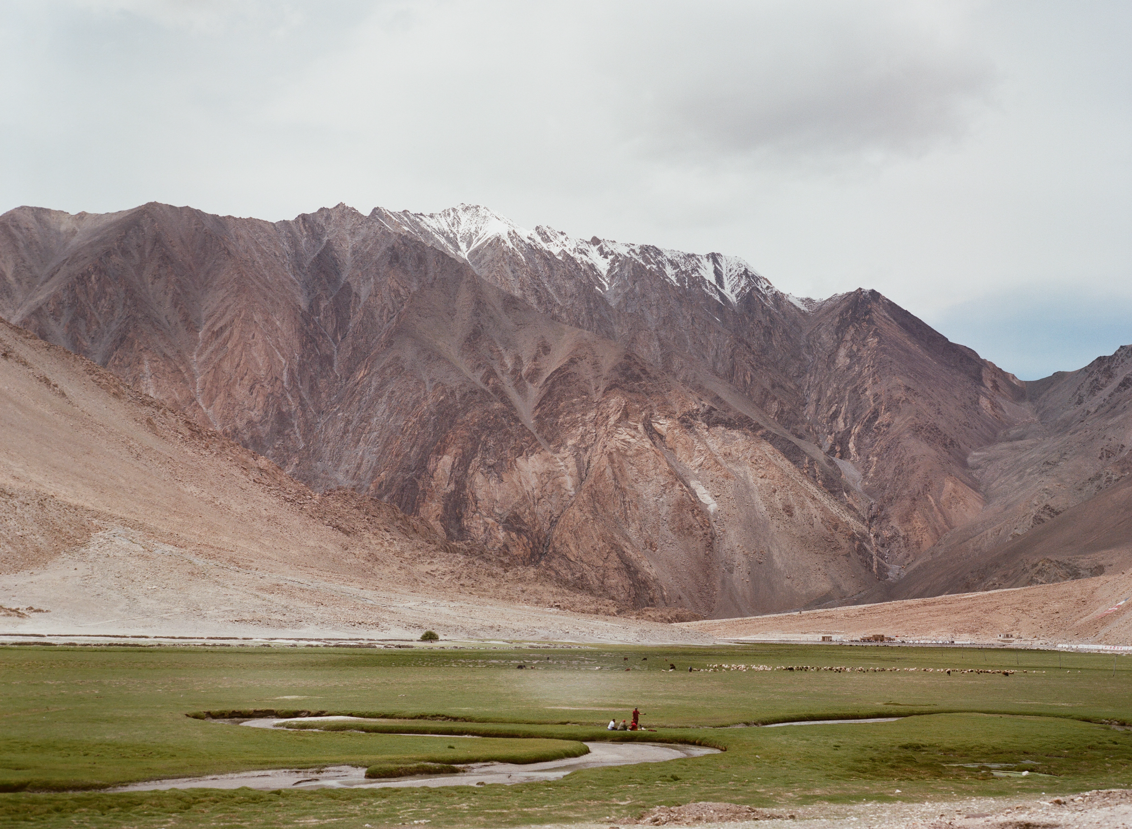 A large mountain in the background with a stream flowing through the grassland