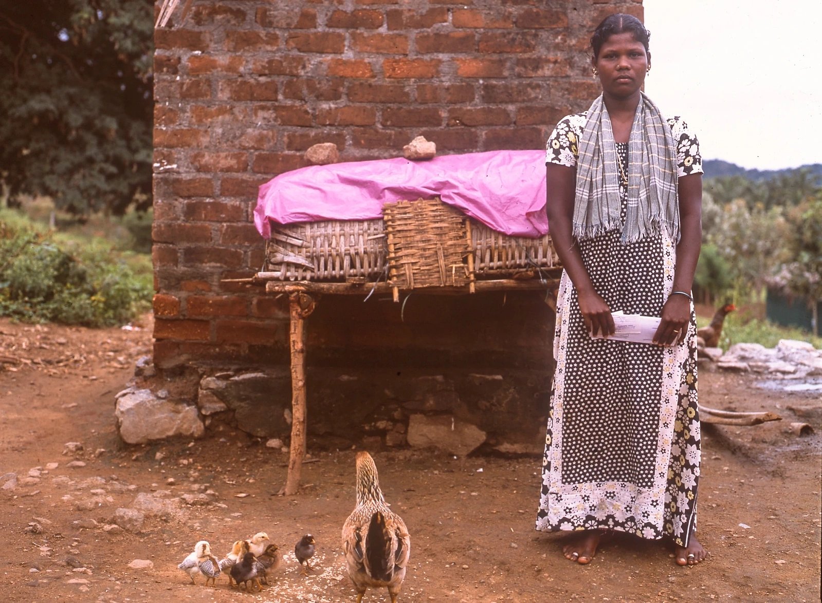 A woman stands beside a brick wall with chickens nearby