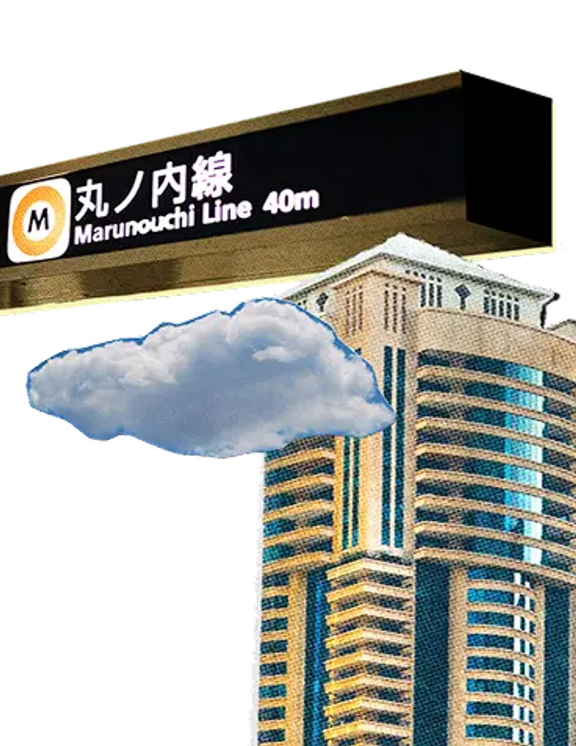 Image of buildings, clouds, and banknotes