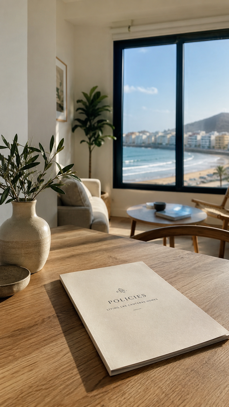 Policies booklet for Living Las Canteras Homes on a wooden table, with Las Canteras beach visible through the window