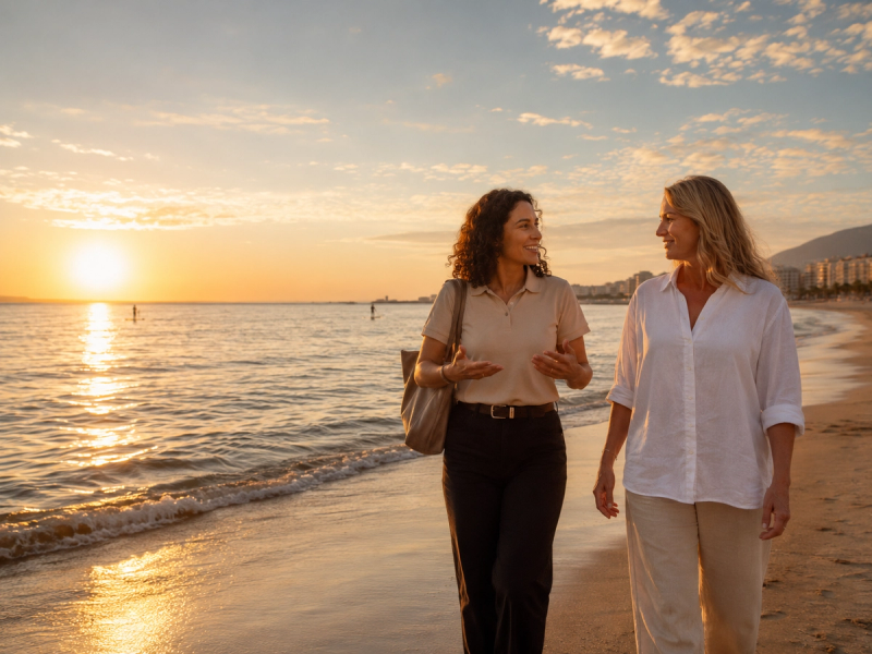 Two guests walking along Playa de Las Canteras at sunset
